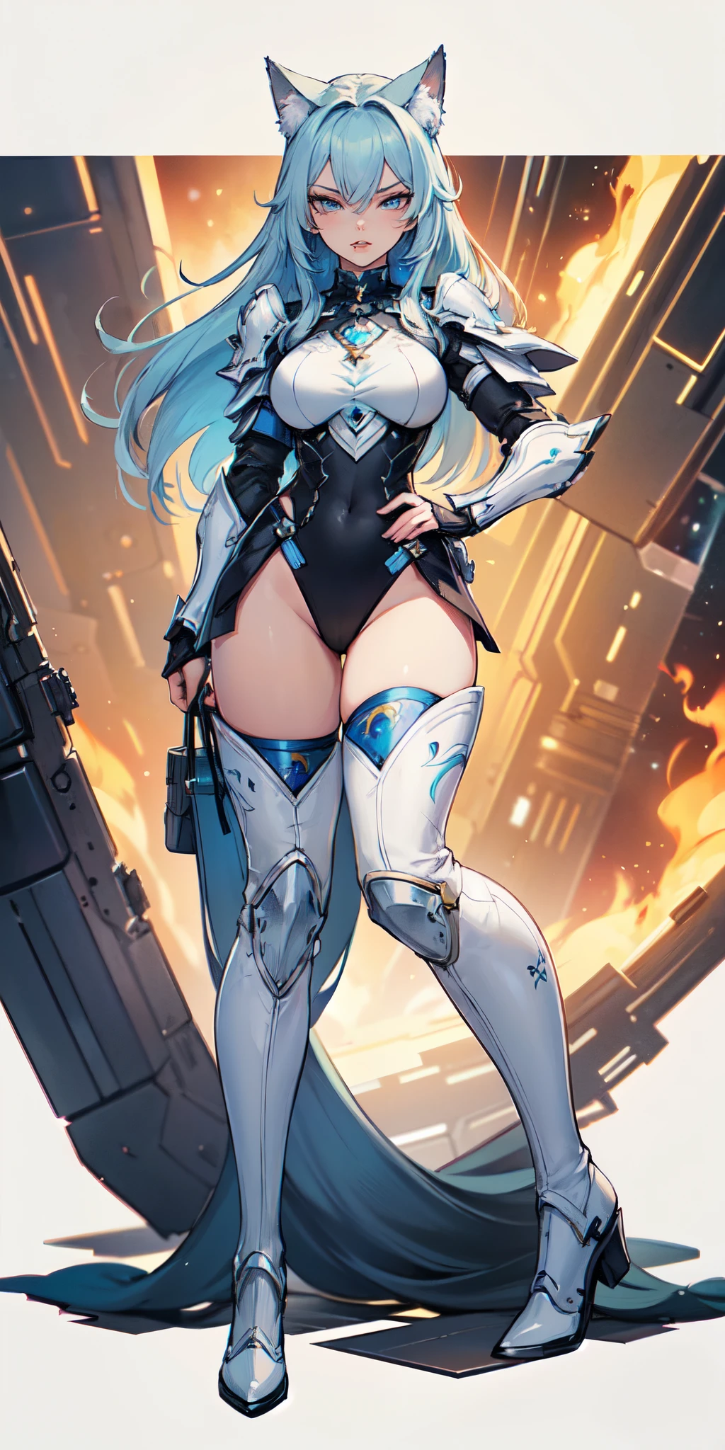 Masterpiece, beautiful art, 8k, art style by sciamano240, very detailed face, detailed clothes, detailed fabric, 1girl, beautiful face, asymmetrical long hair, light blue hair, space armor , thigh boots , very detailed blue cat eyes, hero stance , serious expression, battlefiled, full body view,