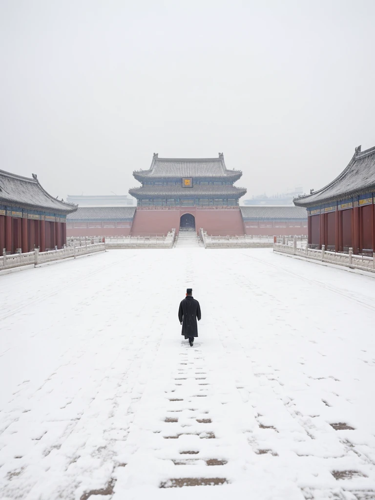 A man in black robe stands on the snow-covered endless steps in the distant view, author:Fei Danxu, in forbidden city, It snowed in the Forbidden City, There are branches hanging down in the foreground,Snowflakes in the sky,