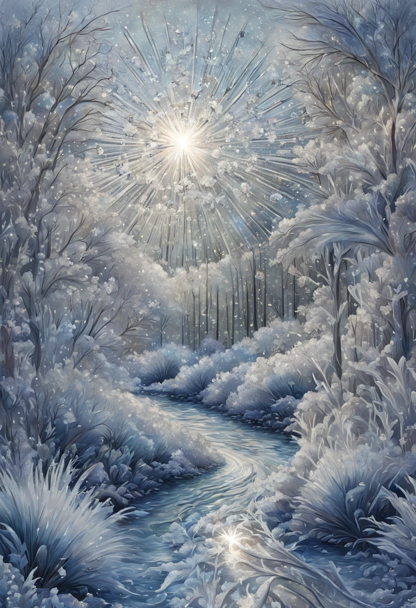 New Year's Eve, landscape, mixed media, digital painting, diamond embroidery, moire, frost, silver, crystal, multi-layered, complex texture, high quality, work of art+coherent+ultra lumen, glitter, filigree, magical, beautiful, Mysterious