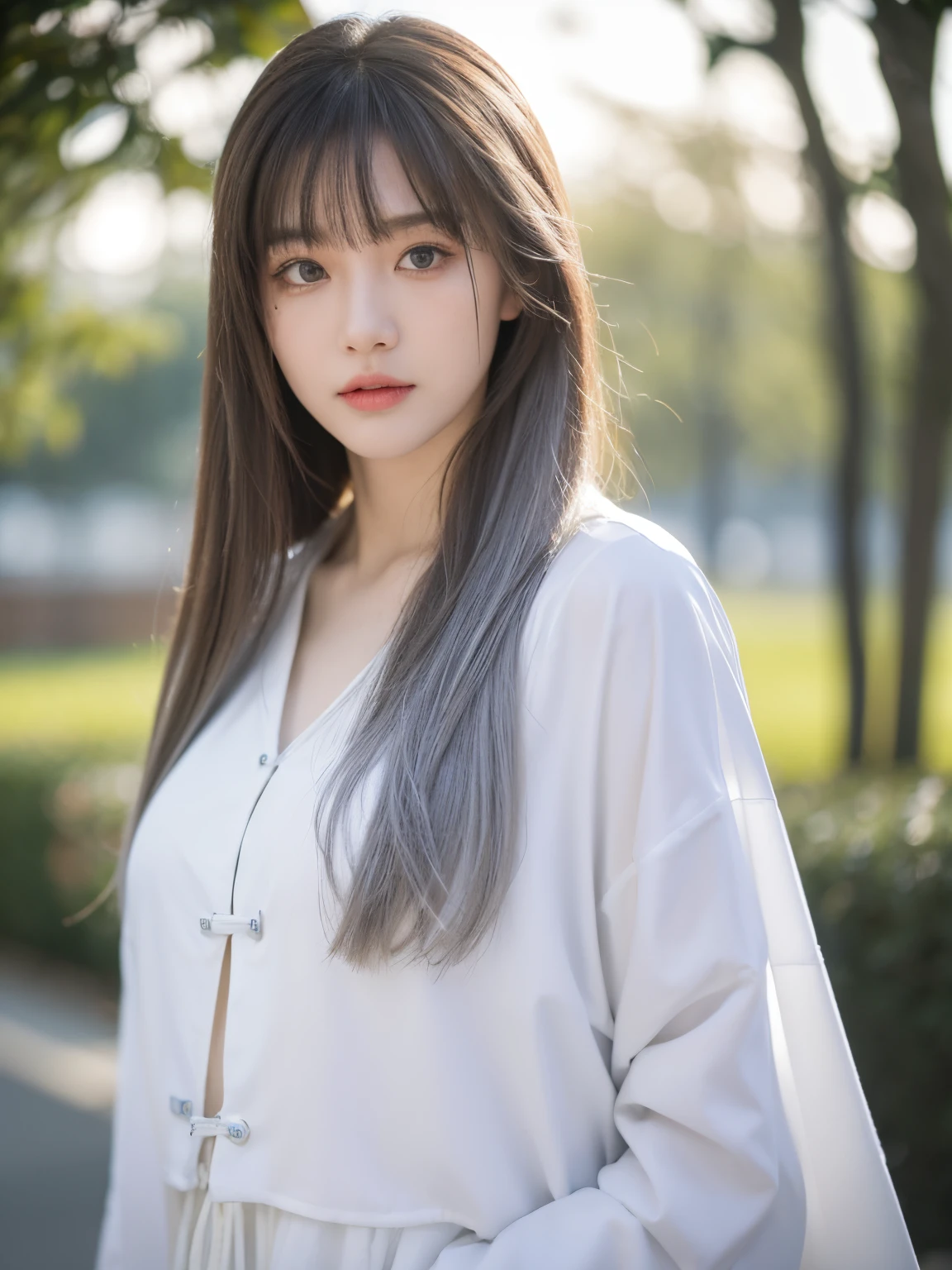 tmasterpiece, Best quality, natta, Outdoor sports, rainy days, Branch, chineseidol, Ancient China, 1人の女性, Mature woman, Silver white long haired woman, grey blue eyes, light pink lips, Cold, Serious, Weak, through bangs, assassins, short knife, white clothes, Black clothing pattern, blood stain, bloods, Injured, blood in face, There are blood stains on his clothes, Sateen, delicated face, delicated face,