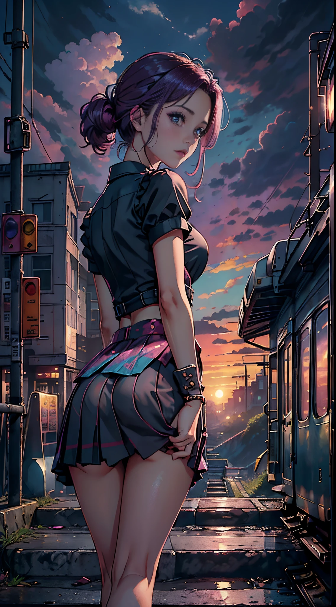 magenta tint、vibrant with colors、((tmasterpiece)))、(((quality)))、((ultra - detailed))、(Surreal)、(Very detailed CG illustration)、offcial art、CD cover、It will be、midsummer、The glorious 1980s、1girll,Cool beauty、cochetti gorgeous、incomparable beauty、Hair color、Rock music、jaqueta de couro、Superskirt、butt lift,perfect angle、Perfectcomposition、(twilight,train station stairs,trains,Clouds),