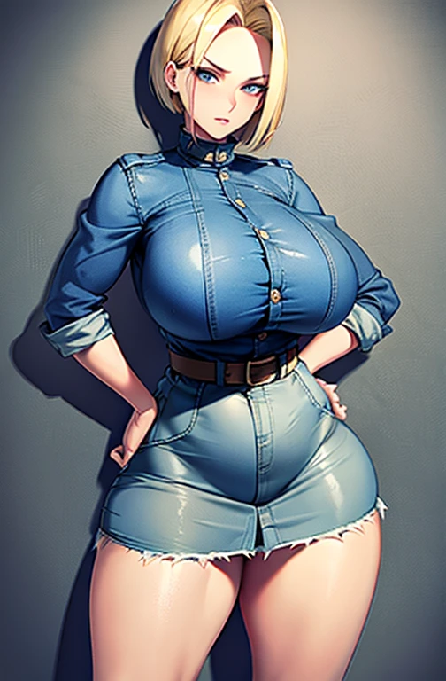 Android 18, jean coat, pleated jean skirt, short blonde hair, sexy eyes, big boobs, thick thighs, butt this way, (wide hips:1.1), (big buttocks:1.1), (thick thighs:1.1), (small waist:1.1), (gigantic breasts:1.1)