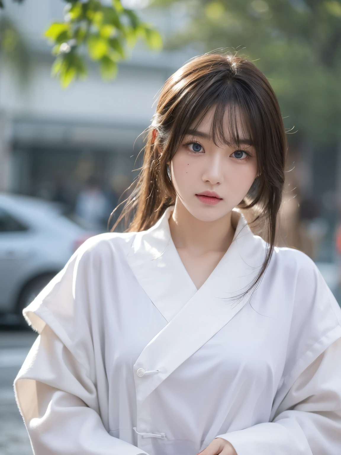 tmasterpiece, Best quality, natta, Outdoor sports, rainy days, Branch, chineseidol, Ancient China, 1人の女性, Mature woman, Silver white long haired woman, grey blue eyes, light pink lips, Cold, Serious, Weak, through bangs, assassins, short knife, white clothes, Black clothing pattern, blood stain, bloods, Injured, blood in face, There are blood stains on his clothes, Sateen, delicated face, delicated face,