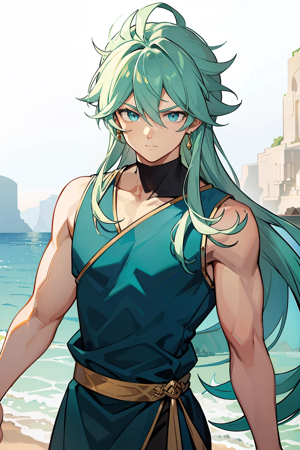 (high-quality, breathtaking),(expressive eyes, perfect face) 1boy, male, solo, young adult , light blue hair, green coloured eyes, stylised hair, gentle smile, long length hair, loose hair, side bangs, curley hair, really spiky hair, spiked up hair, looking at viewer, portrait, ancient greek clothes, blue tunic, white Chlamys, sleeveless, greek, blue and gold sash, ocean background, laurel accessory, slightly narrow eyes, masculine face, masculine eyes