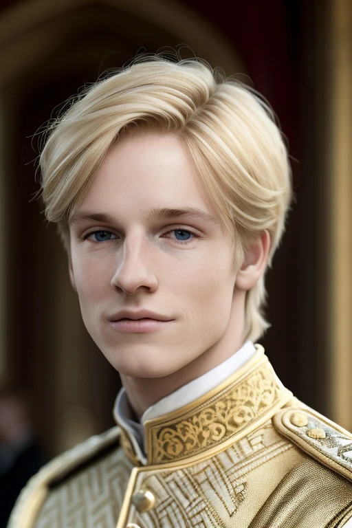 a young man, golden blonde hair,half body, of in castle, masterpiece,realistic, 4k, detailed, of london in the day, highly detailed face, f2.8,denoise, dof, prince regal clothes, blur background,