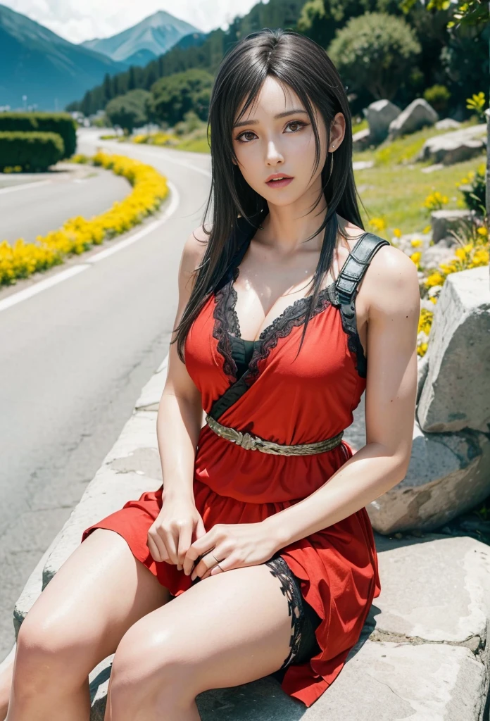 (best quality,ultra-detalhado),(Realistic:1.37),Tifa Lockhart, Rosto bonito e detalhado, maquiagem preta nos olhos, textura ultra realista, rosto delicado, corpo delicado, expression serious