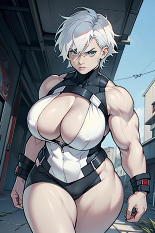 1girl, solo, short hair, blue eyes, white hair, ((((muscular)))), abs, (huge breasts), (thick thighs), (angry), looking at viewer, ((pale skin)), (cleavage), from below, (curvy)