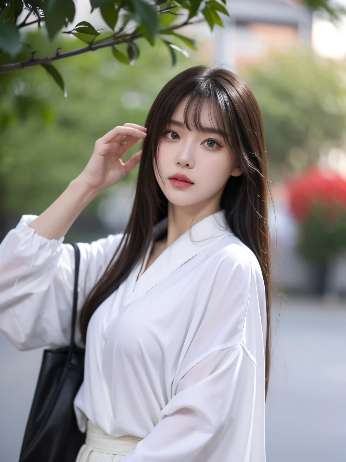 tmasterpiece, Best quality, natta, Outdoor sports, rainy days, Branch, chineseidol, Ancient China, 1人の女性, Mature woman, Silver white long haired woman, grey blue eyes, light pink lips, Cold, Serious, Weak, through bangs, assassins, short knife, white clothes, Black clothing pattern, blood stain, bloods, Injured, blood in face, There are blood stains on his clothes, Sateen, delicated face, delicated face,