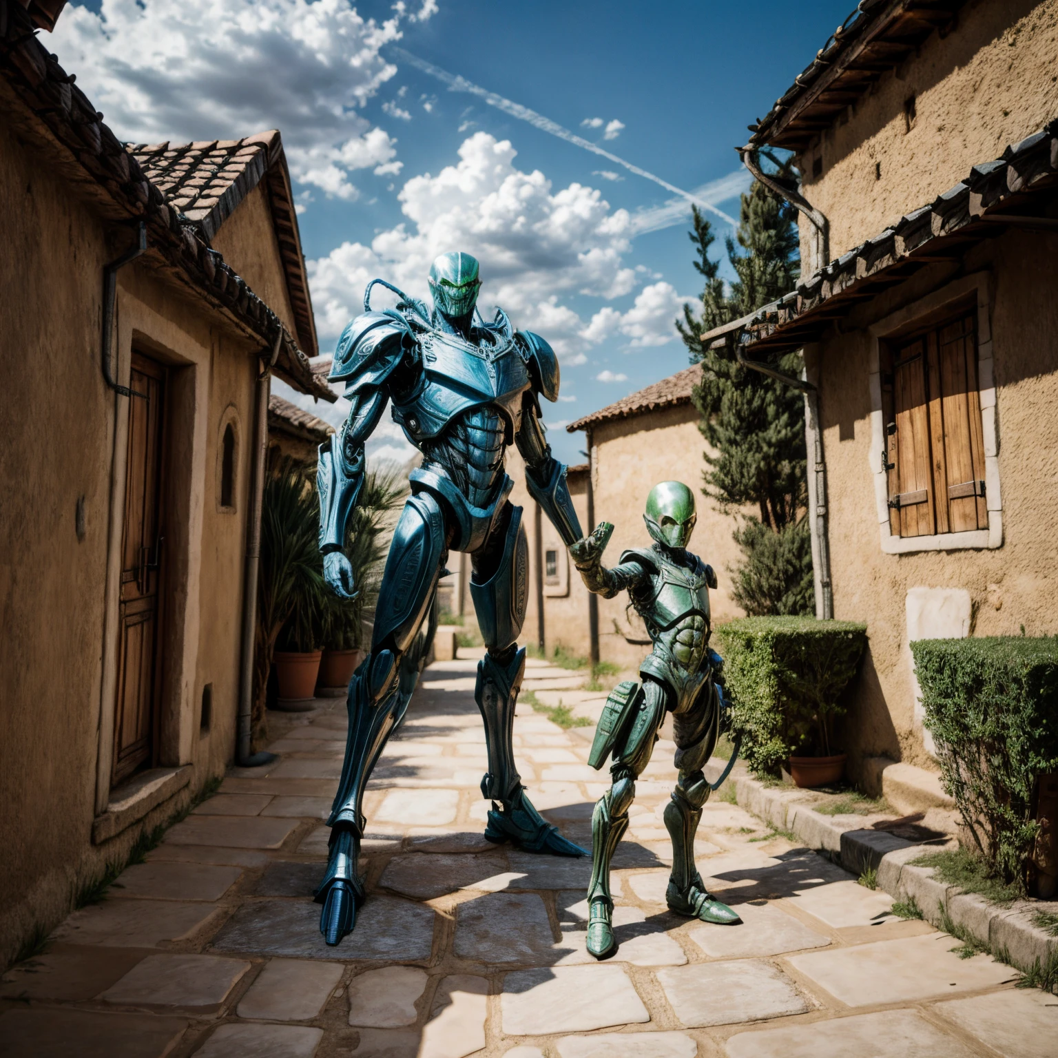 armed aliens stands in a medieval village