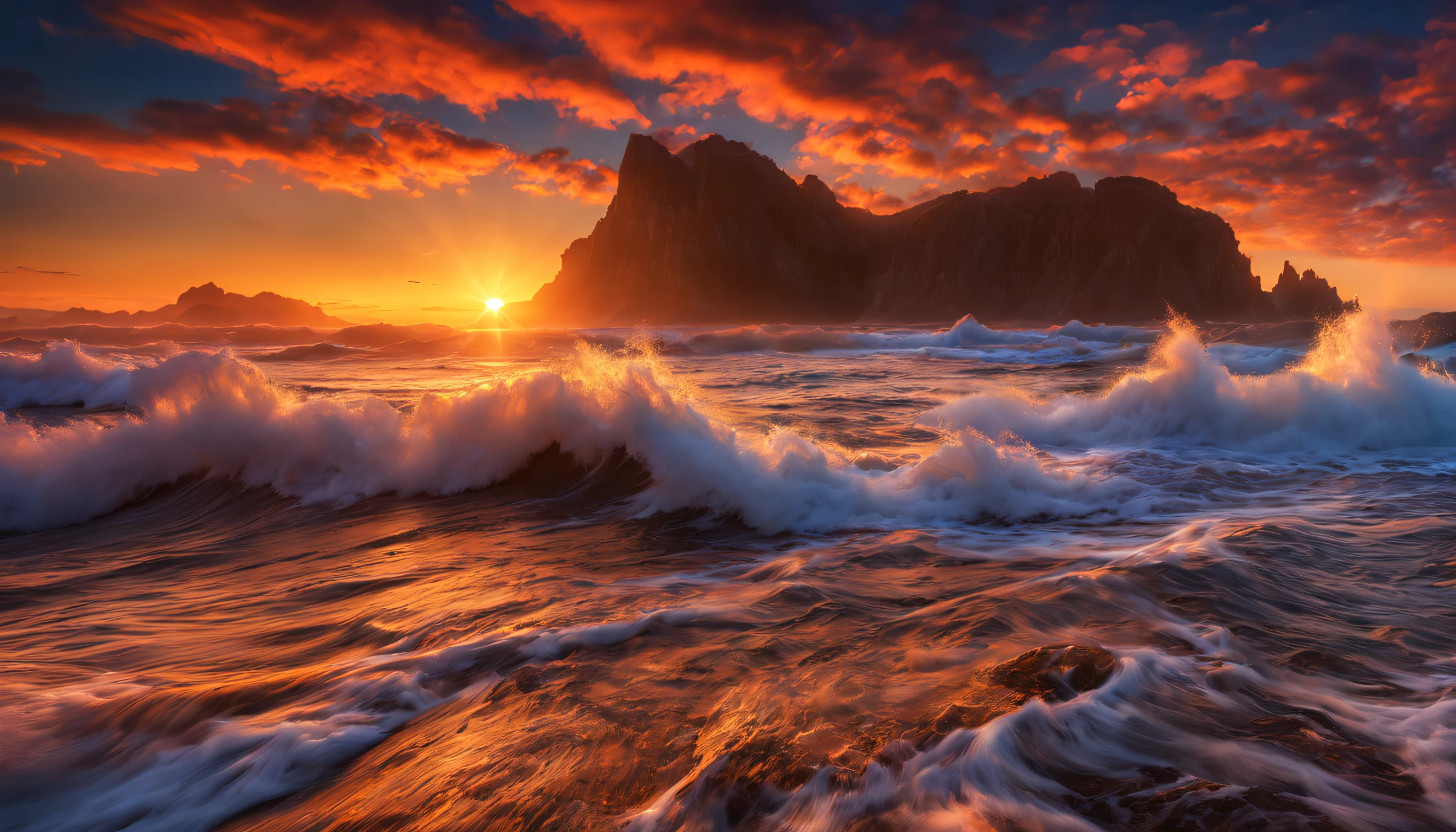 arafed view of a sunset over the ocean with waves crashing, chaotic sea setting, vibrant sunrise, breathtaking colors, breathtaking look, vibrant sunset, breathtaking composition, beautiful sea landscapes, stunning sunset, magnificent background, sunset glow, beautiful background, beautiful dreamy breathtaking, marc adamus, warm beautiful scene, epic sunset, beautiful sunset, beautiful sunset glow, beautiful ocean