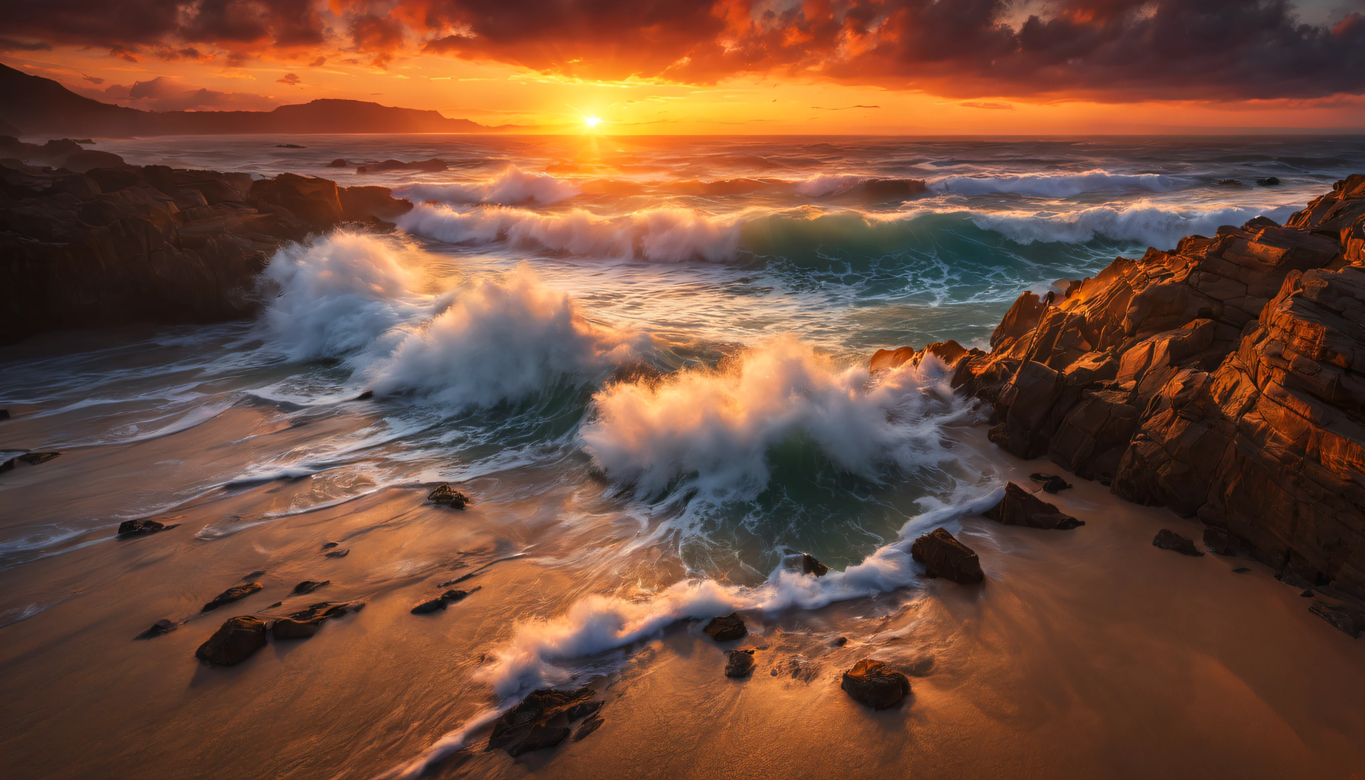 arafed view of a sunset over the ocean with waves crashing, chaotic sea setting, vibrant sunrise, breathtaking colors, breathtaking look, vibrant sunset, breathtaking composition, beautiful sea landscapes, stunning sunset, magnificent background, sunset glow, beautiful background, beautiful dreamy breathtaking, marc adamus, warm beautiful scene, epic sunset, beautiful sunset, beautiful sunset glow, beautiful ocean