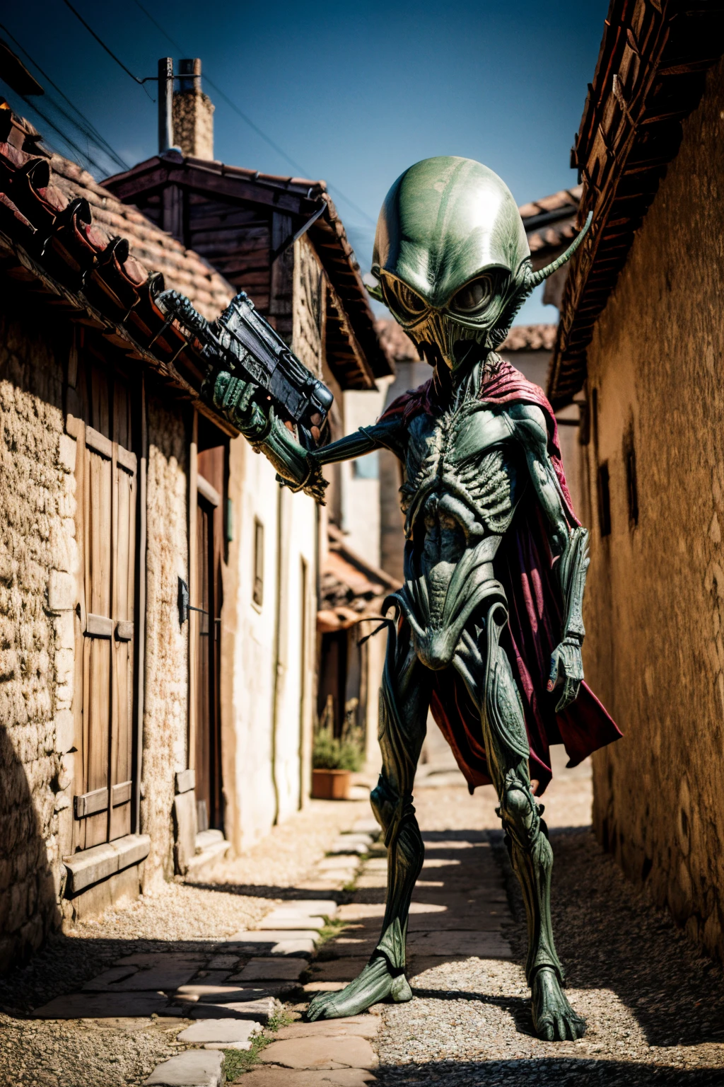 An armed alien stands in a medieval village