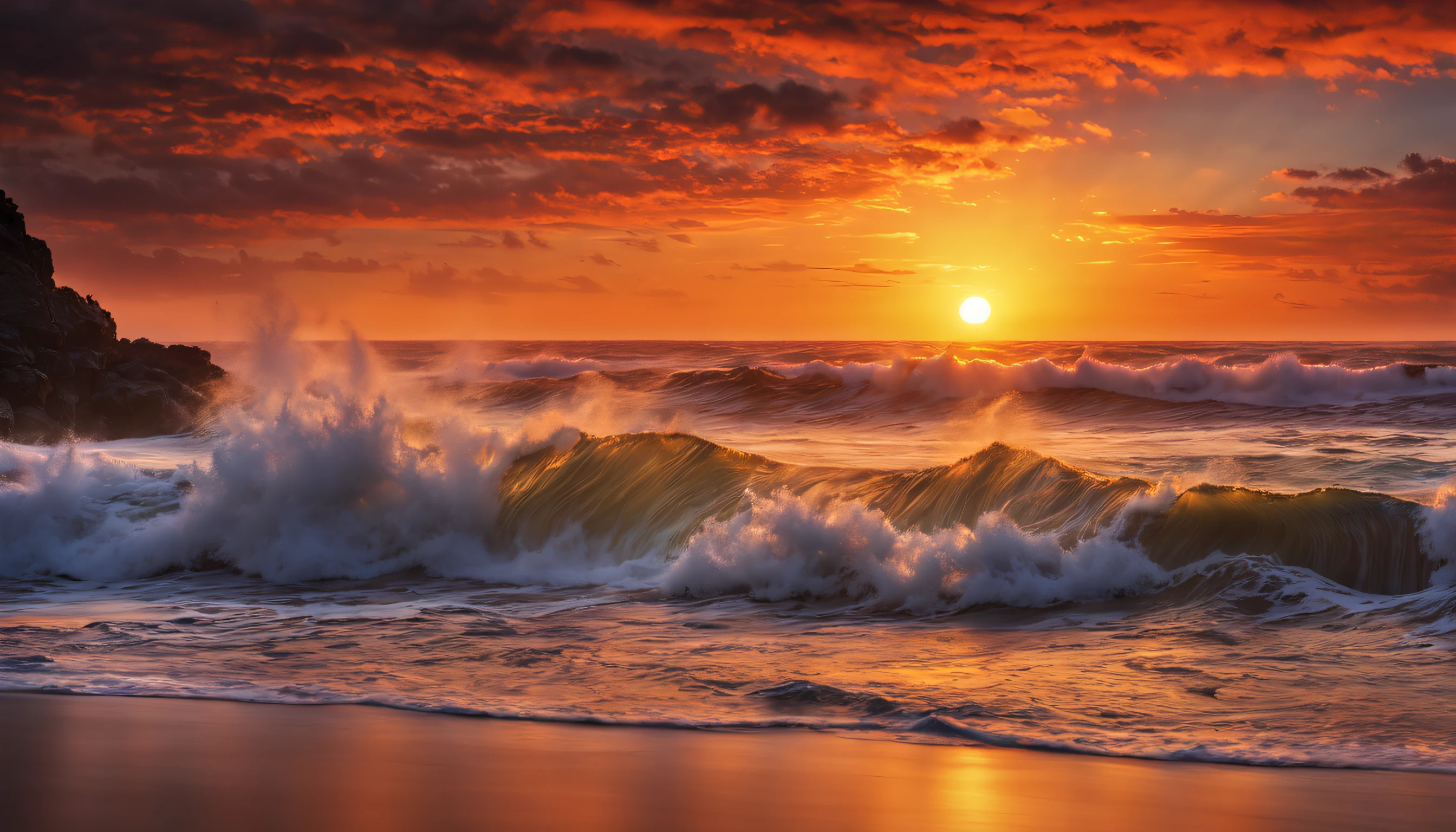 arafed view of a sunset over the ocean with waves crashing, chaotic sea setting, vibrant sunrise, breathtaking colors, breathtaking look, vibrant sunset, breathtaking composition, beautiful sea landscapes, stunning sunset, magnificent background, sunset glow, beautiful background, beautiful dreamy breathtaking, marc adamus, warm beautiful scene, epic sunset, beautiful sunset, beautiful sunset glow, beautiful ocean