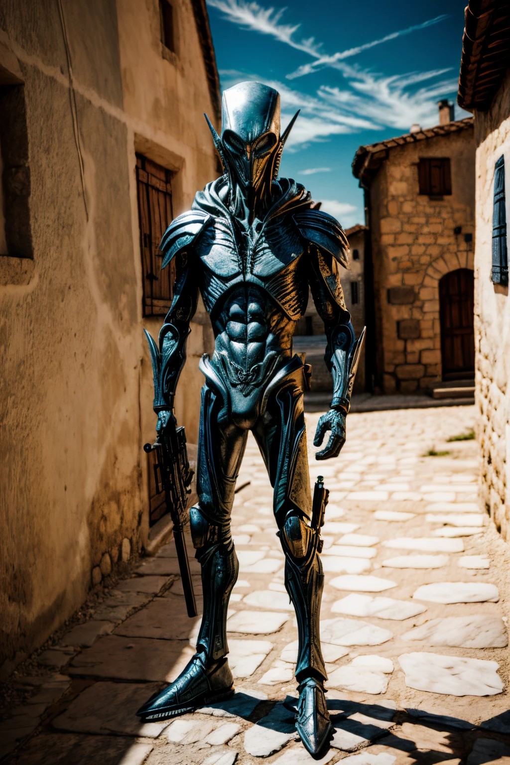 An armed alien stands in a medieval village