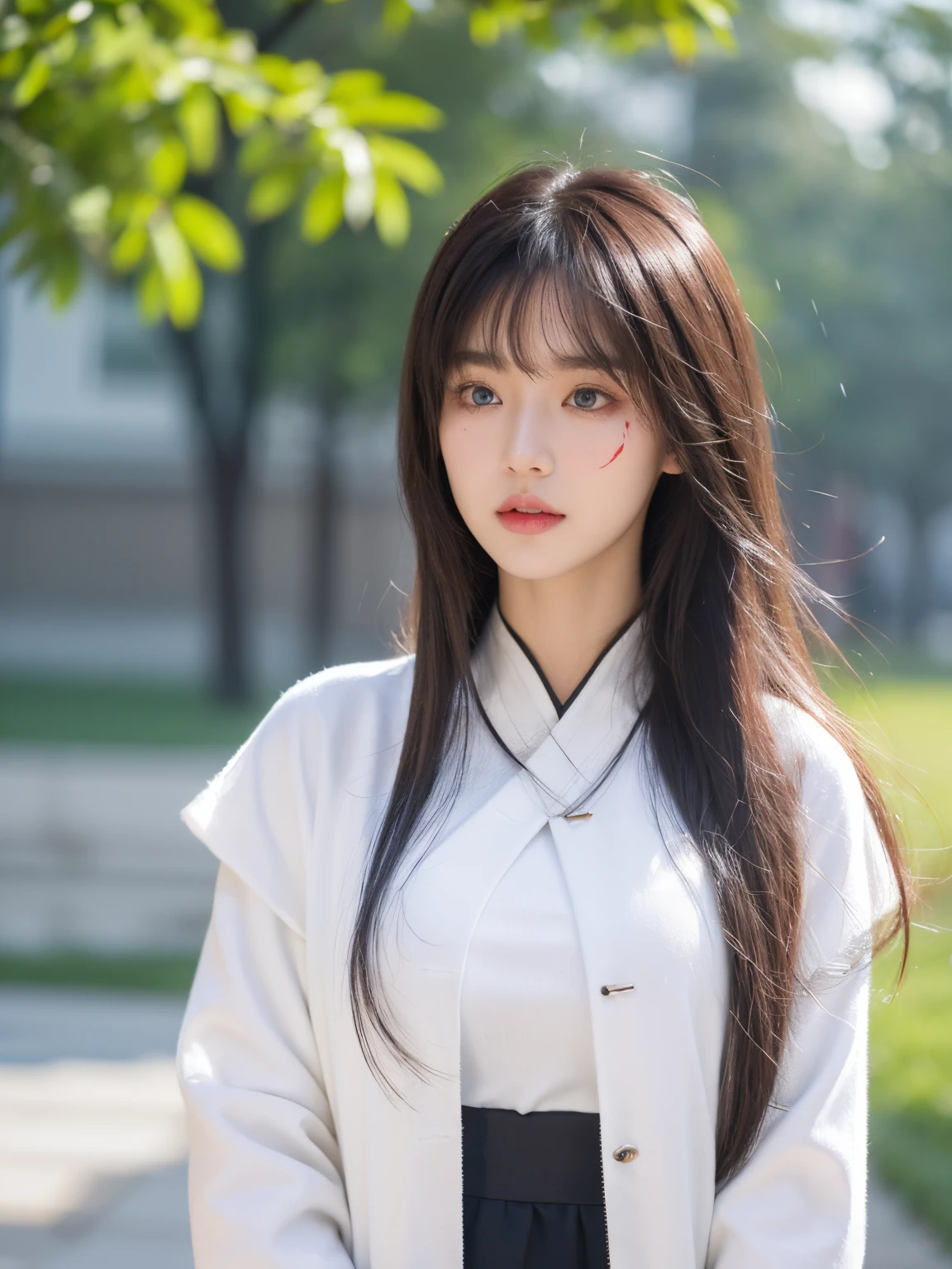 tmasterpiece, Best quality, natta, Outdoor sports, rainy days, Branch, china idol, Ancient China, 1人の女性, Mature woman, Silver white long haired woman, grey blue eyes, light pink lips, Cold, Serious, Weak, through bangs, assassins, short knife, white clothes, Black clothing pattern, blood stain, bloods, Injured, blood in face, There are blood stains on his clothes, Sateen, delicated face, delicated face,