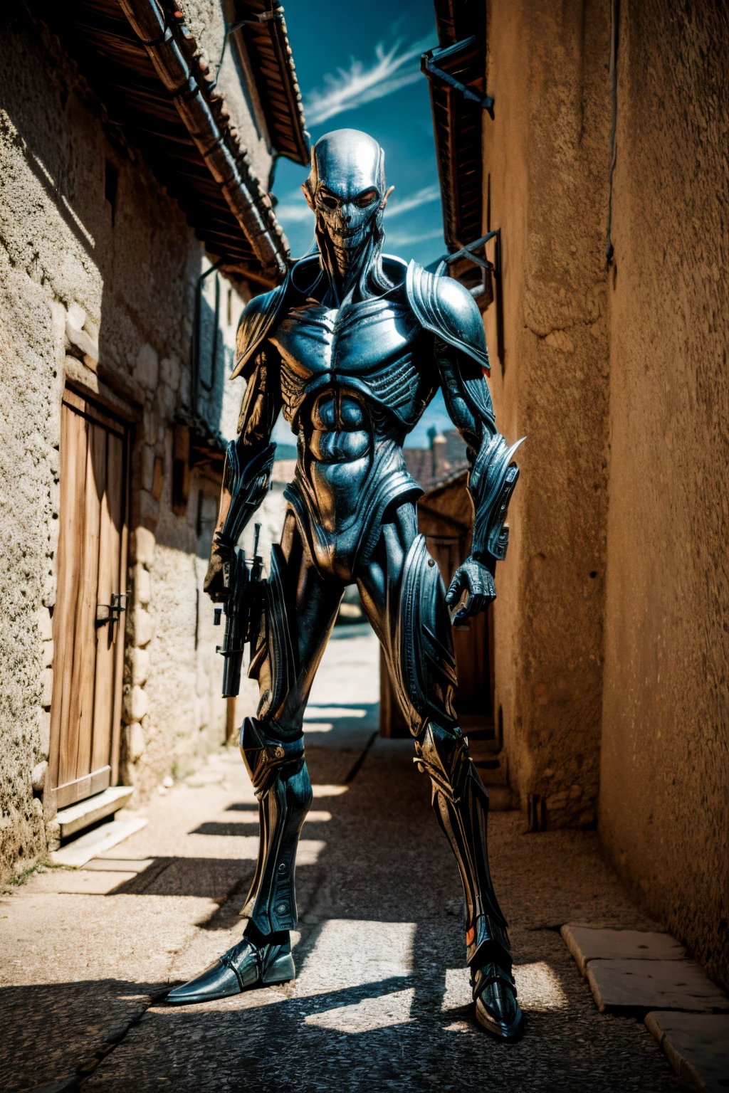 An armed alien stands in a medieval village