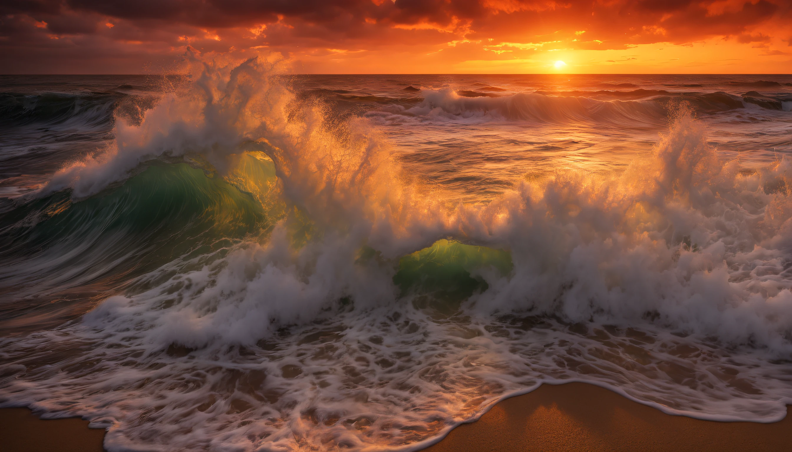 arafed view of a sunset over the ocean with waves crashing, chaotic sea setting, vibrant sunrise, breathtaking colors, breathtaking look, vibrant sunset, breathtaking composition, beautiful sea landscapes, stunning sunset, magnificent background, sunset glow, beautiful background, beautiful dreamy breathtaking, marc adamus, warm beautiful scene, epic sunset, beautiful sunset, beautiful sunset glow, beautiful ocean