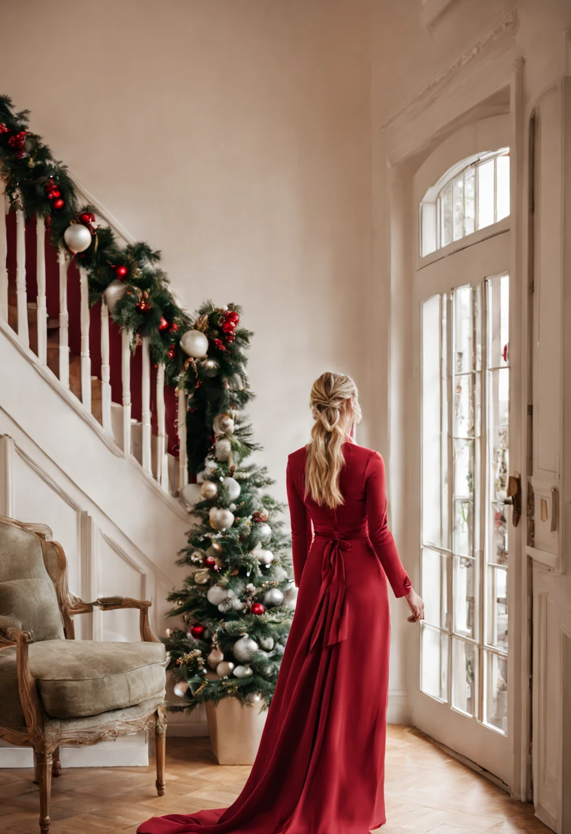 a pretty Blonde with braids walking into decorated home for a Christmas Party with a elegant red dress