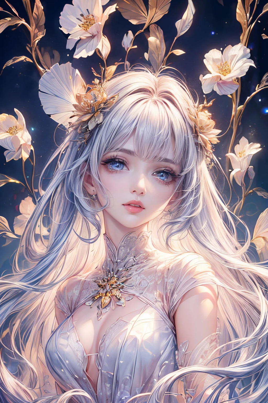 (best quality,8K,CG,beautiful detailed upper body,lone,thumb girl,transparent court dress,floral background,complex facial features,long,flowing hair,almond-shaped eyes,exquisite eye makeup,long fluttering eyelashes,blink with big eyes,starry sky,exquisite lip details,soft and harmonious style)