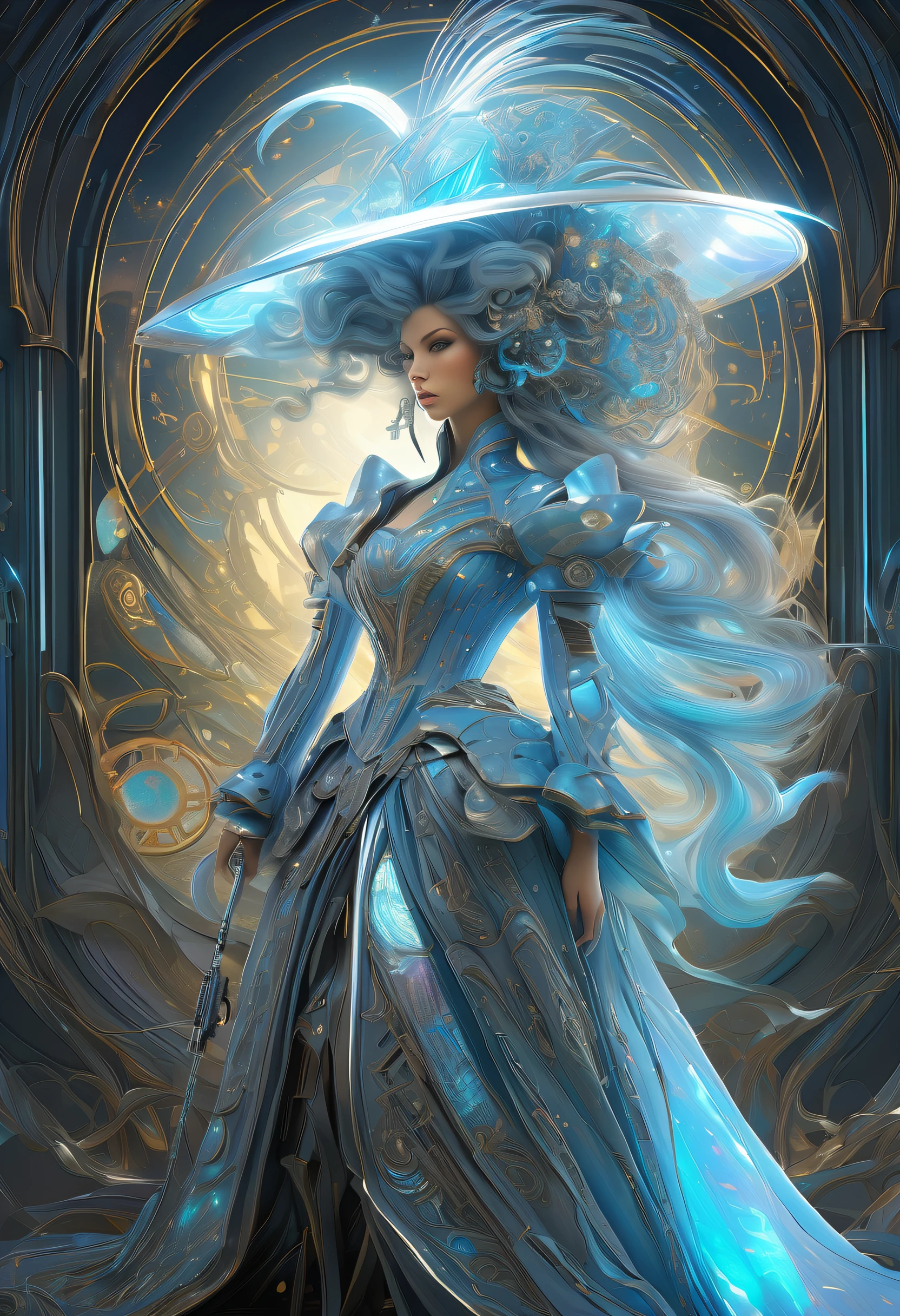 (Cyberpunk Majestic Biopunk using androids:1.2), stunning holographic rendering, Swirl explosion background, hat with neo-medieval dress, very fine detail oil painting, (Stunning composition featuring biopunk:1.1), Mechanical Engineering Mechanical Mechanics Delicate and beautiful shining hair:1.3), Elegantly against the backdrop of the magnificent trance wave sky, Full of fantastic moonlight and vibrancy, Fantastic broken glass hue, Multiple strong exposure effects are depicted, matte painting photo painting, Amazing sharpness and unparalleled clarity, Breathtaking details that seem almost unrealistic, Breathtaking details make it extremely attractive, Brush stroke techniques with exquisite details that are very unrealistic, amazing brush stroke technique, Unreal exquisite details, Gel ink craft dark cyan multicolor, crazy beautiful shine, Add impressive high contrast scenes, Overall amazingly beautiful, Amazingly accurate and elaborate throughout, (Gouache masterpieces inspired by medieval samurai and dark fantasy witches:1.1), crazy glow hair, (Mysterious coating:1.1),