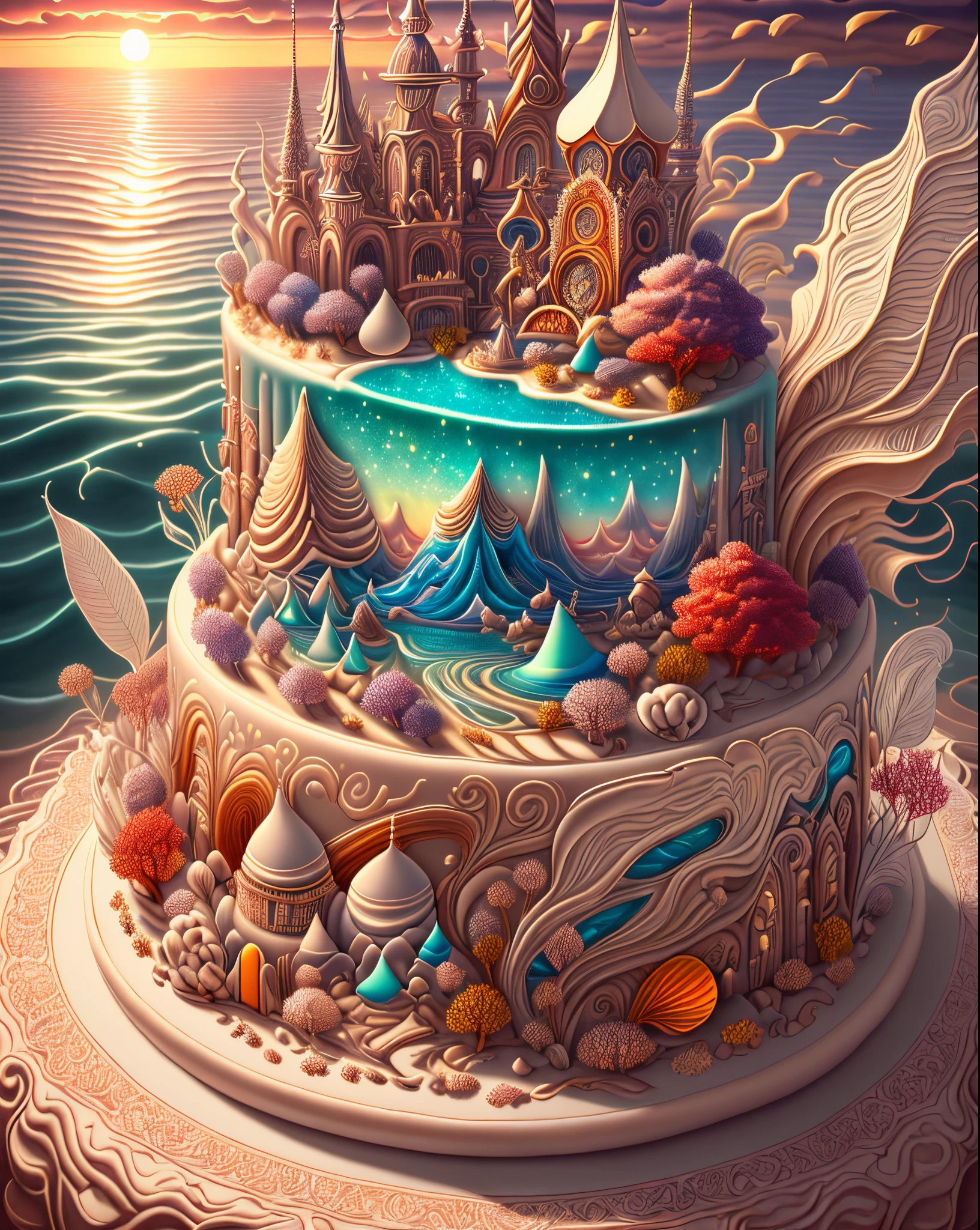Ultra detailed 32k resolution big beautiful ornate soft_translucent_colored_aquatic_themed_cake, aquatic_animals_cake, hyperdetailed stormy waves and red sunset in background, hyperdetailed, maximalism, intricate, ornate, fantastical, mythical, , optical , fantasy, bright colors, hyperdetailed airbrush art --auto --s2