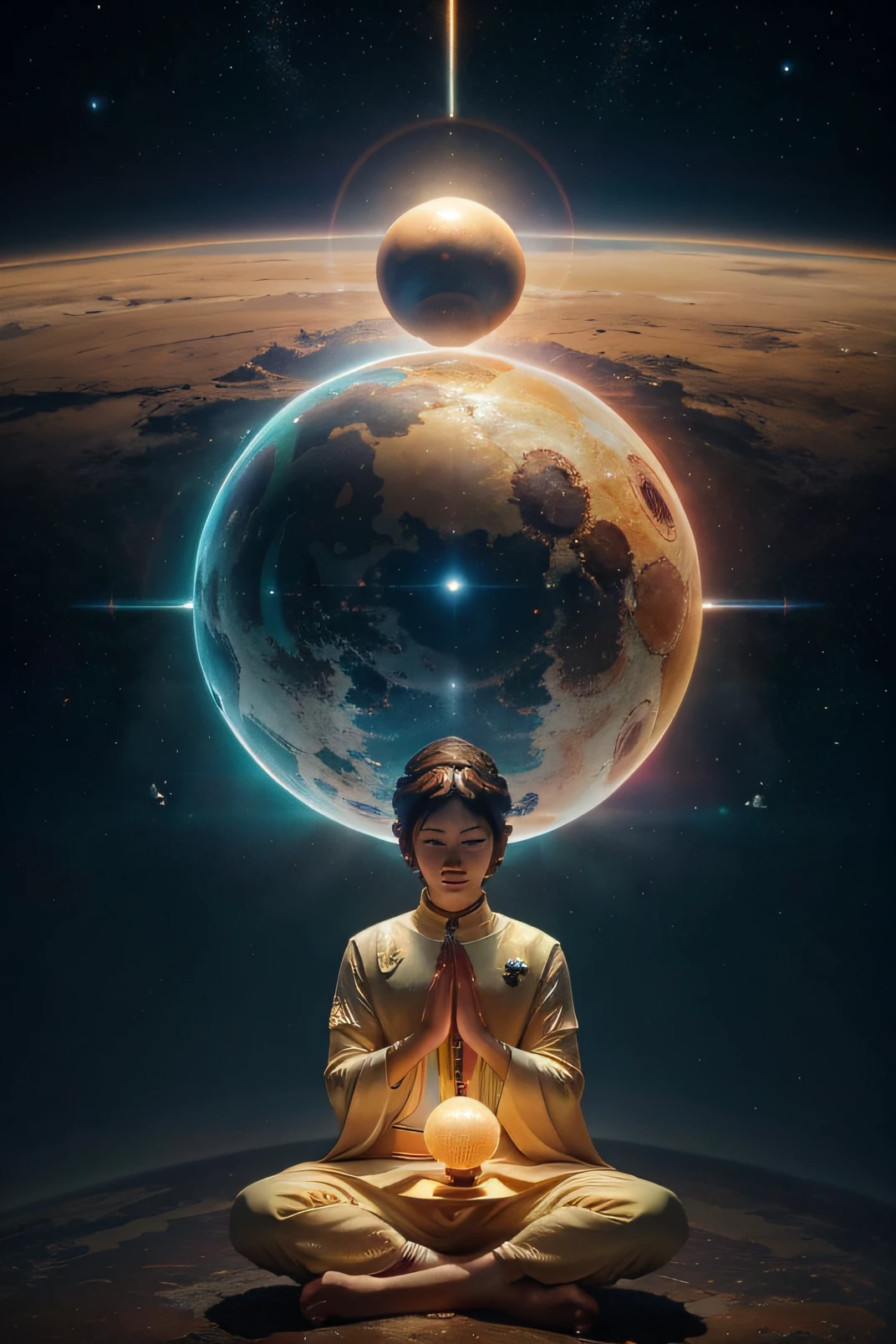 there is a young boy sitting in a lotus position with a glowing ball, an album cover inspired by Kun Can, instagram, surrealism, meditating, profile pic, meditation, yanjun chengt, 🚀🚀🚀, praying meditating, meditating pose, channeling mana, cai xukun, elven spirit meditating in space, peacefull, meditation pose, omori