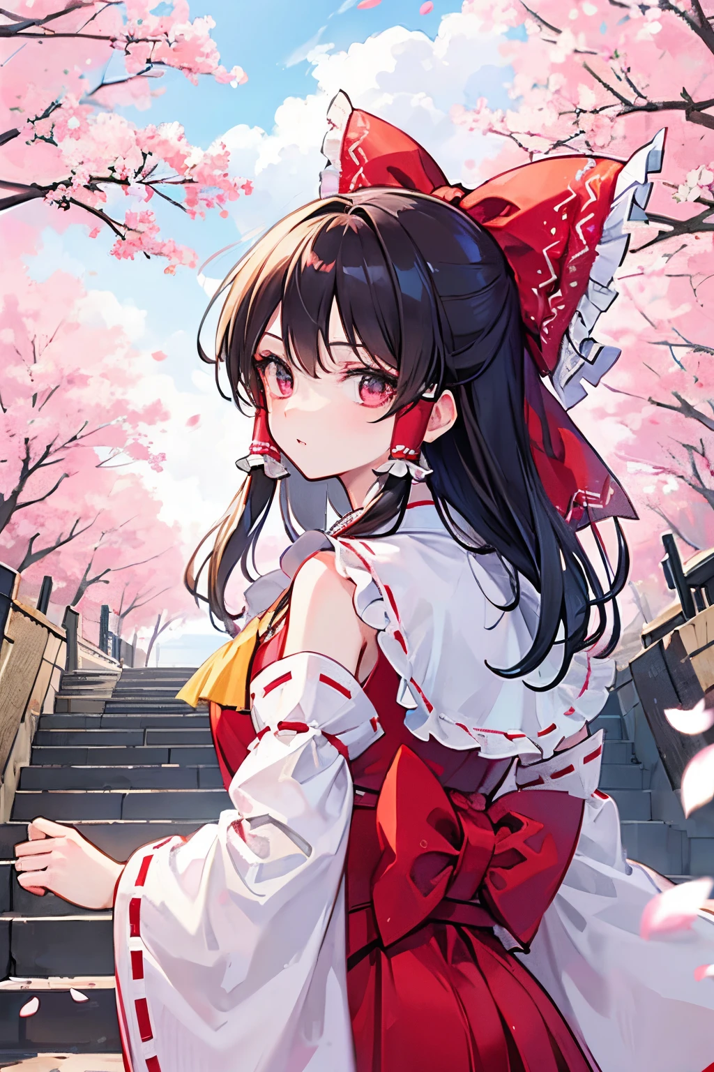 hakurei reimu, touhou project, tree, stairs, standing, kimono, sky, cherry blossoms, temple, looking at viewer, upper body, from below, looking back,
