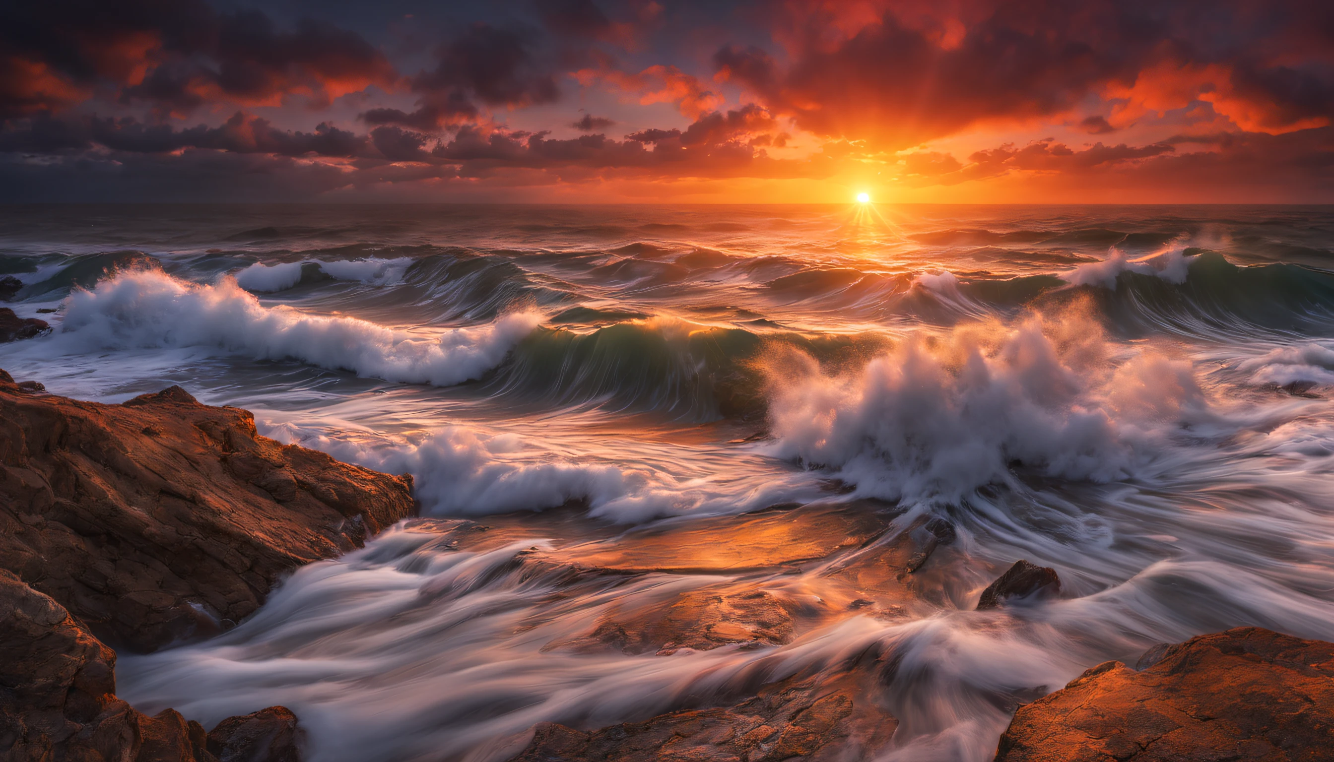 arafed view of a sunset over the ocean with waves crashing, chaotic sea setting, vibrant sunrise, breathtaking colors, breathtaking look, vibrant sunset, breathtaking composition, beautiful sea landscapes, stunning sunset, magnificent background, sunset glow, beautiful background, beautiful dreamy breathtaking, marc adamus, warm beautiful scene, epic sunset, beautiful sunset, beautiful sunset glow, beautiful ocean