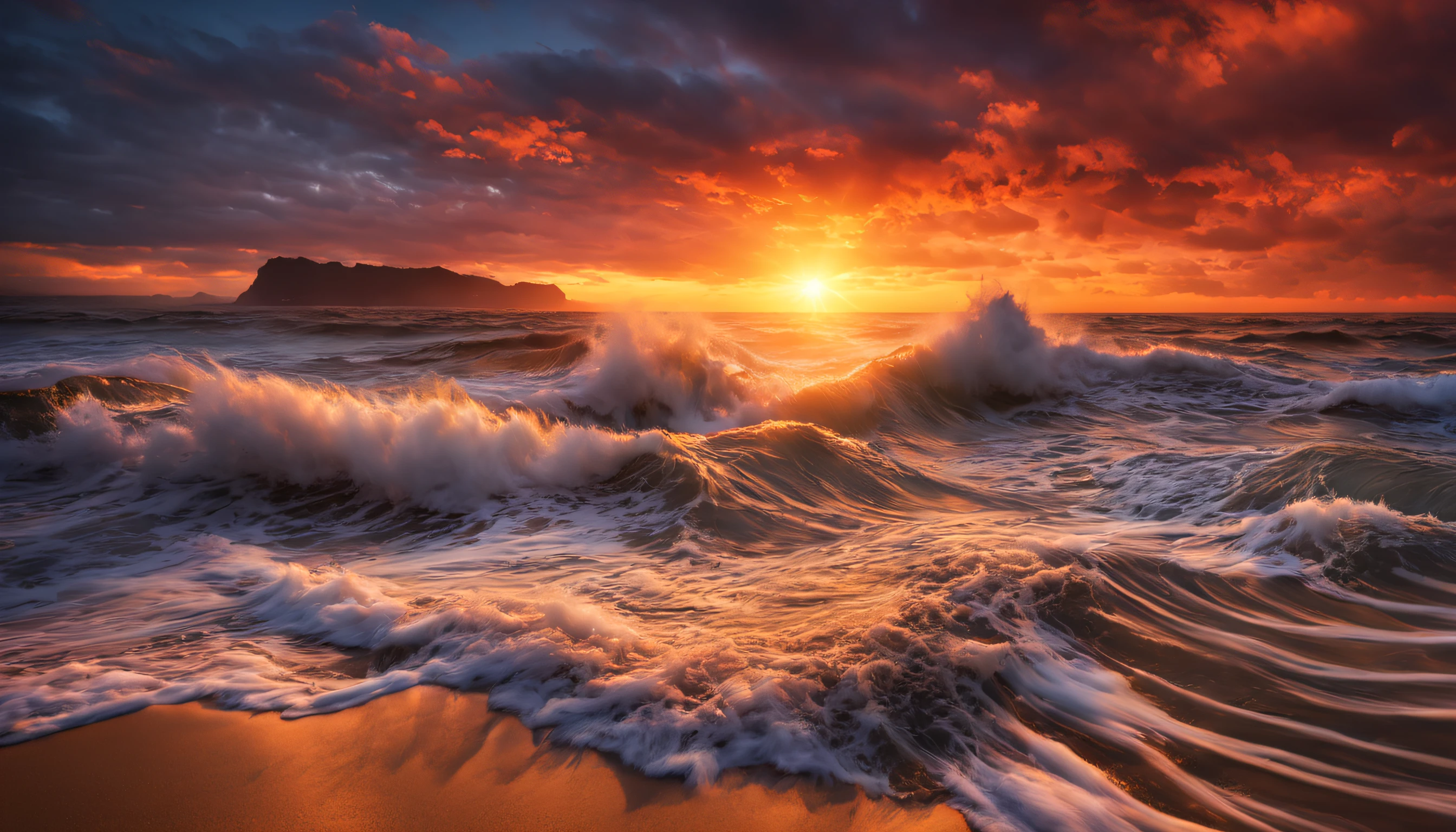arafed view of a sunset over the ocean with waves crashing, chaotic sea setting, vibrant sunrise, breathtaking colors, breathtaking look, vibrant sunset, breathtaking composition, beautiful sea landscapes, stunning sunset, magnificent background, sunset glow, beautiful background, beautiful dreamy breathtaking, marc adamus, warm beautiful scene, epic sunset, beautiful sunset, beautiful sunset glow, beautiful ocean