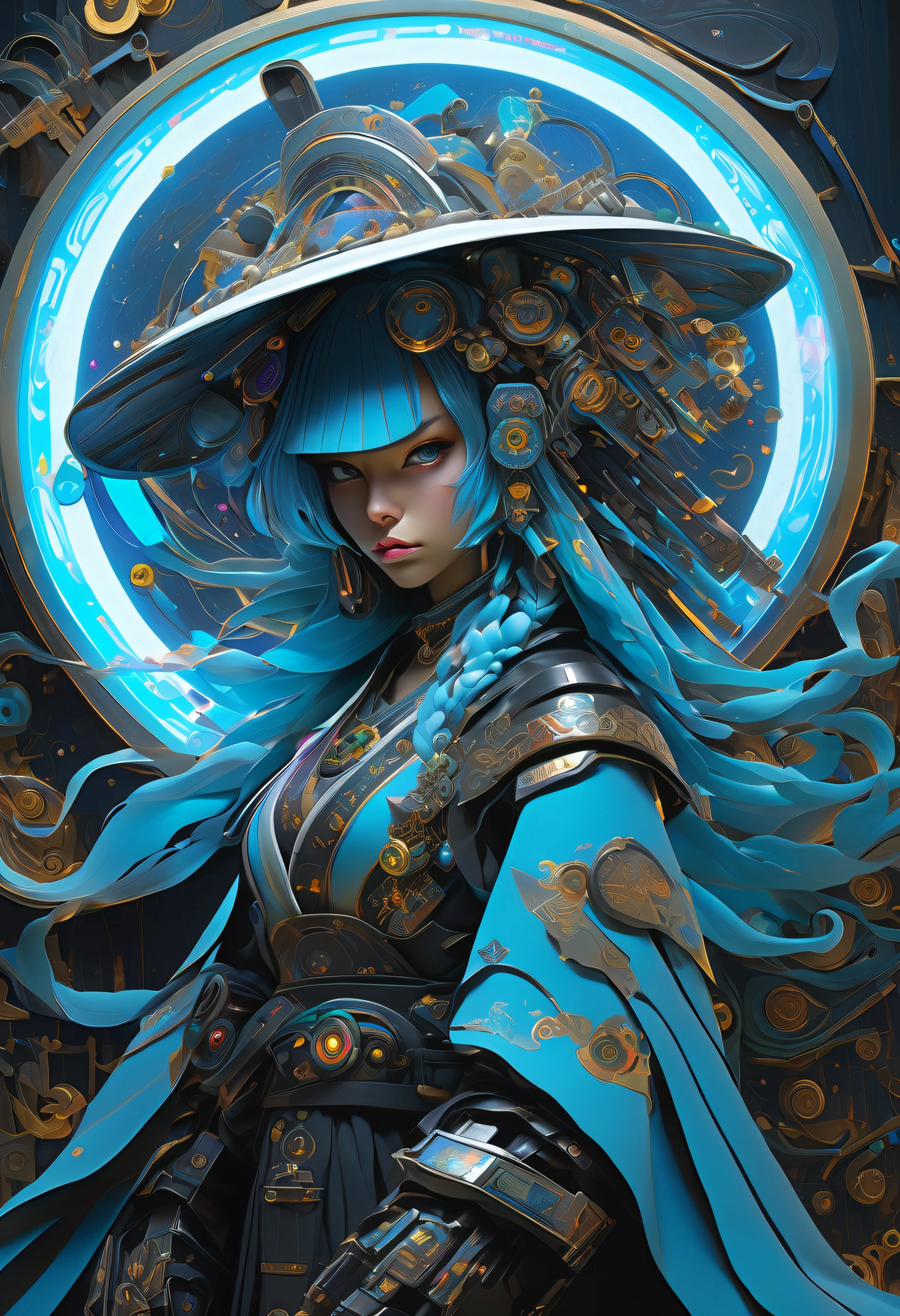 (Cyberpunk Majestic Biopunk using androids:1.2), stunning holographic rendering, Swirl explosion background, hat with neo-medieval dress, very fine detail oil painting, (Stunning composition featuring biopunk:1.1), mechanical engineering, Mechanics, Elegantly against the backdrop of the magnificent trance wave sky, Full of fantastic moonlight and vibrancy, Fantastic broken glass hue, Multiple strong exposure effects are depicted, matte painting photo painting, Amazing sharpness and unparalleled clarity, Breathtaking details that seem almost unrealistic, Breathtaking details make it extremely attractive, Brush stroke techniques with exquisite details that are very unrealistic, amazing brush stroke technique, Unreal exquisite details, Gel ink craft dark cyan multicolor, crazy beautiful shine, Add impressive high contrast scenes, Overall amazingly beautiful, Amazingly accurate and elaborate throughout, (Gouache masterpieces inspired by medieval samurai and dark fantasy witches:1.1), crazy glow hair, (Mysterious coating:1.1),