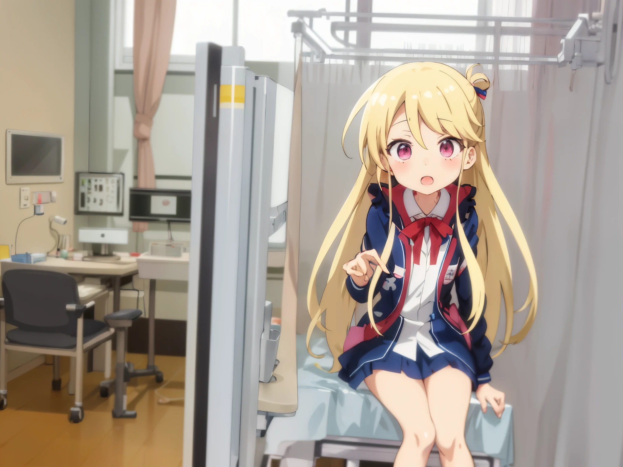 Anime character in a hospital room with bed and desk, in ryuuou no oshigoto art style, at the hospital in patient gown, loli in dress, anime moe art style, Anime style like Fay Night, small curvy loli, visual novel sprite, in an anime, painted in anime painter studio, Still from TV anime