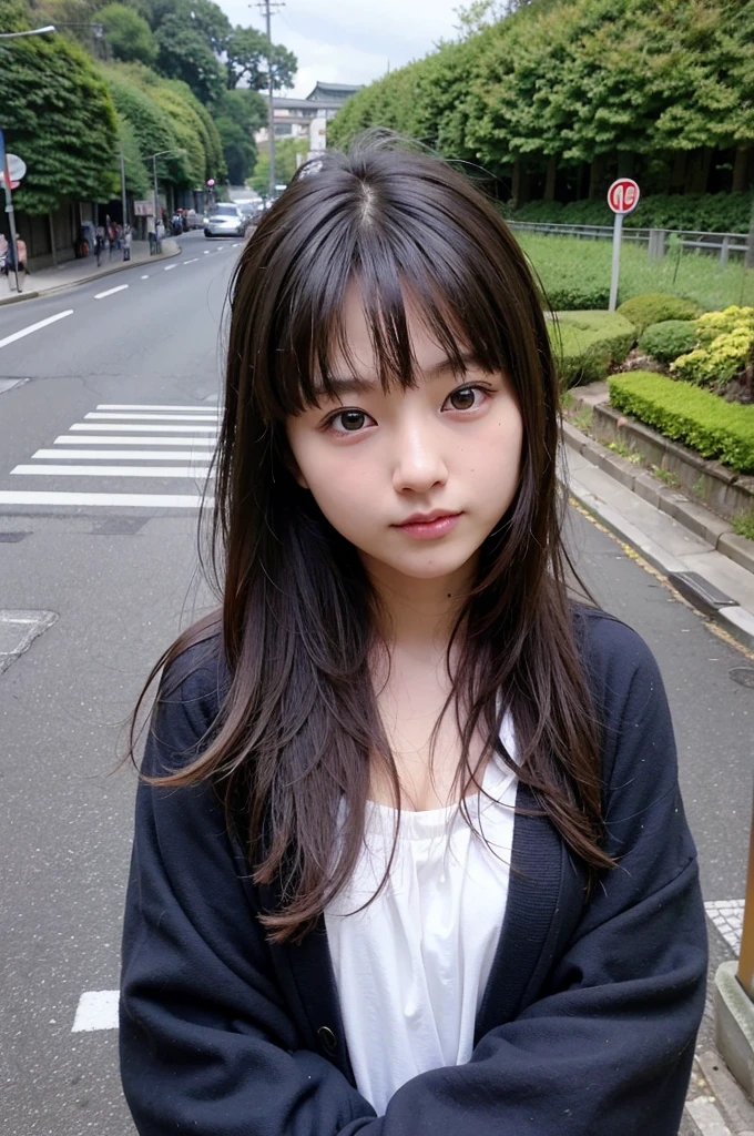 top-quality、masterpiece、超A high resolution、(Photorealsitic:1.4)、Raw foto、1girl in、length hair、Eyes and faces with detailed、Dynamic lighting、The background is a tourist spot、Sightseeing Bus,japanes