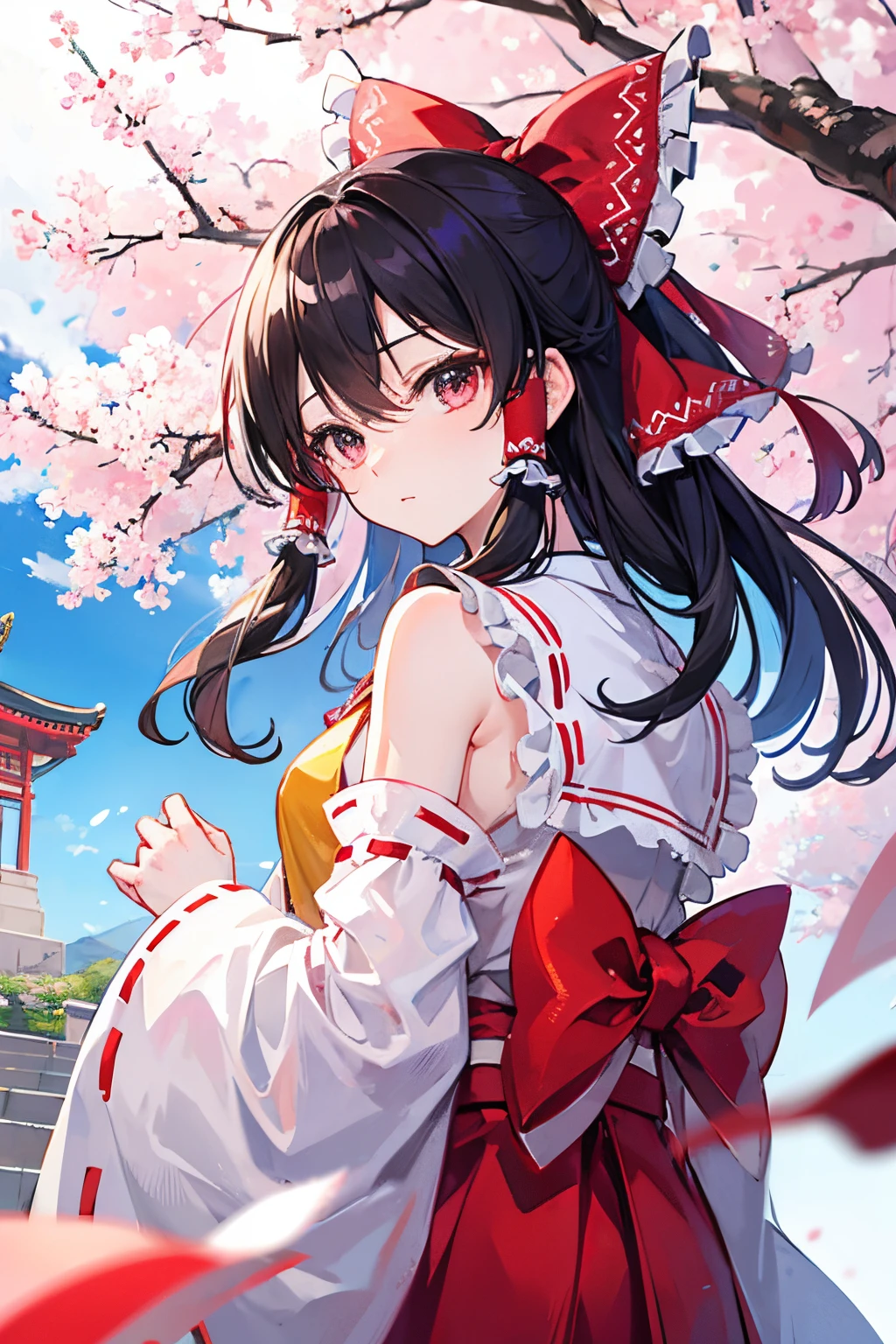 hakurei reimu, touhou project, tree, stairs, standing, kimono, sky, cherry blossoms, temple, looking at viewer, upper body, from below, looking back,