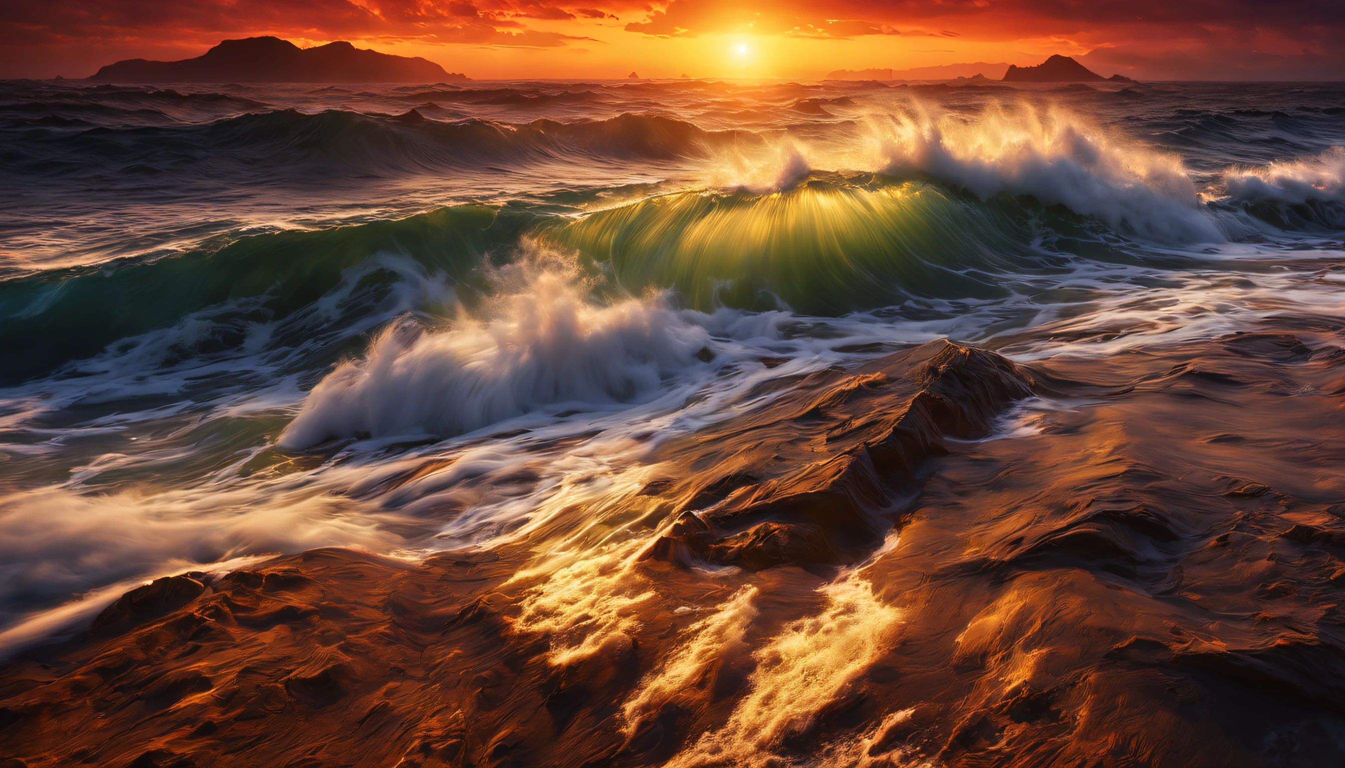 arafed view of a sunset over the ocean with waves crashing, chaotic sea setting, vibrant sunrise, breathtaking colors, breathtaking look, vibrant sunset, breathtaking composition, beautiful sea landscapes, stunning sunset, magnificent background, sunset glow, beautiful background, beautiful dreamy breathtaking, marc adamus, warm beautiful scene, epic sunset, beautiful sunset, beautiful sunset glow, beautiful ocean