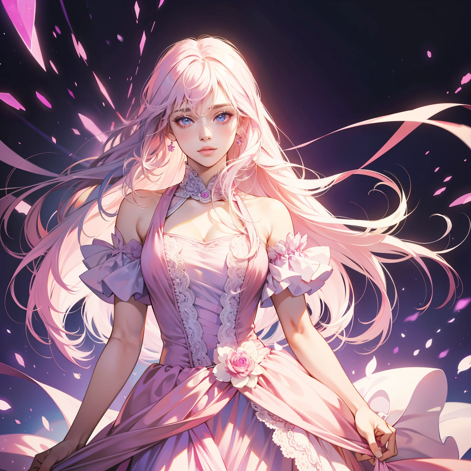 Masterpiece, high quality, best quality, HD, realistic, perfect lighting, detailed body, 1 woman, perfect eyes, long hair, white pink hair, glowing, Pink And purple dress, cute background.