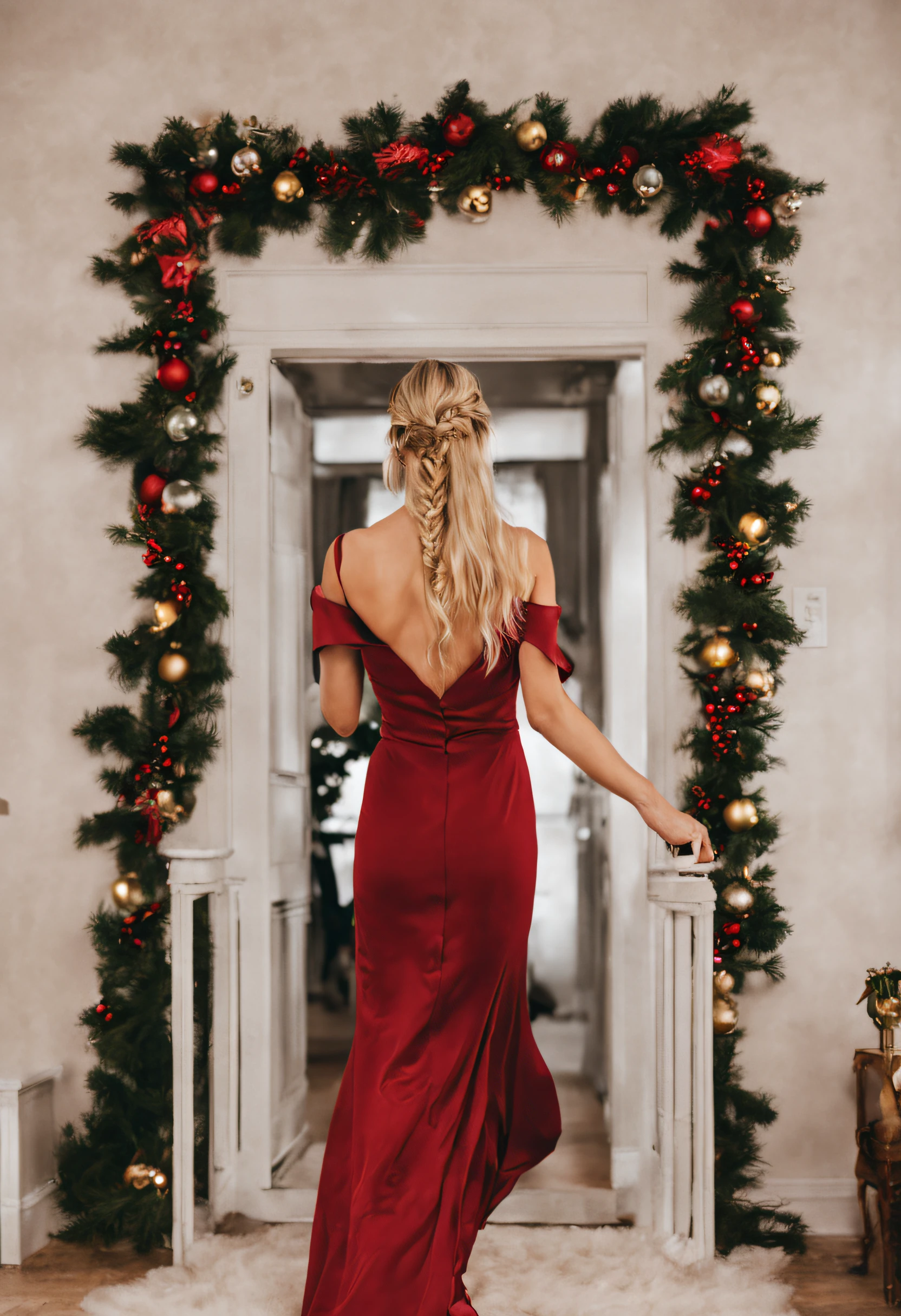 a pretty Blonde with braids  walking into decorated home for a  Christmas Party with a elegant red dress