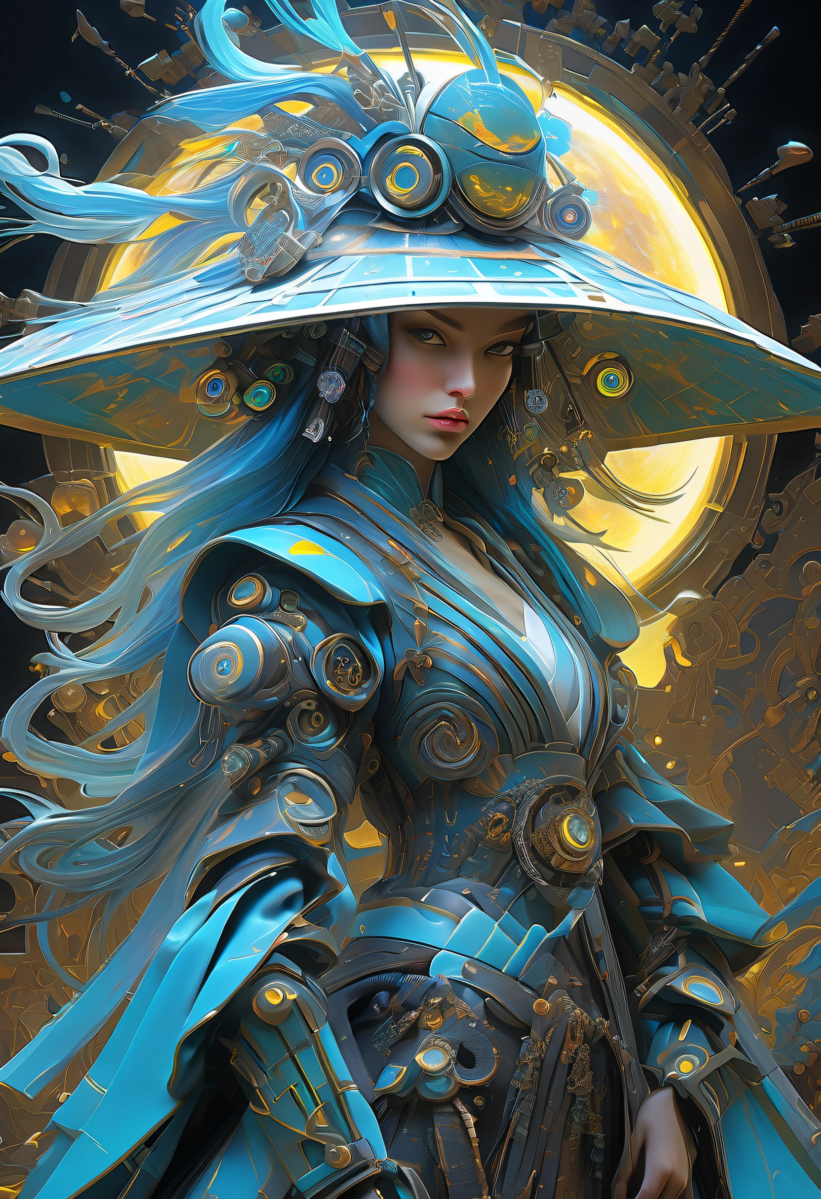 (Cyberpunk Majestic Biopunk using androids:1.2), stunning holographic rendering, Swirl explosion background, hat with neo-medieval dress, very fine detail oil painting, (Stunning composition featuring biopunk:1.1), mechanical engineering, Mechanics, Elegantly against the backdrop of the magnificent trance wave sky, Full of fantastic moonlight and vibrancy, Fantastic broken glass hue, Multiple strong exposure effects are depicted, matte painting photo painting, Amazing sharpness and unparalleled clarity, Breathtaking details that seem almost unrealistic, Breathtaking details make it extremely attractive, Brush stroke techniques with exquisite details that are very unrealistic, amazing brush stroke technique, Unreal exquisite details, Gel ink craft dark cyan multicolor, crazy beautiful shine, Add impressive high contrast scenes, Overall amazingly beautiful, Amazingly accurate and elaborate throughout, (Gouache masterpieces inspired by medieval samurai and dark fantasy witches:1.1), crazy glow hair, (Mysterious  coating:1.1),
