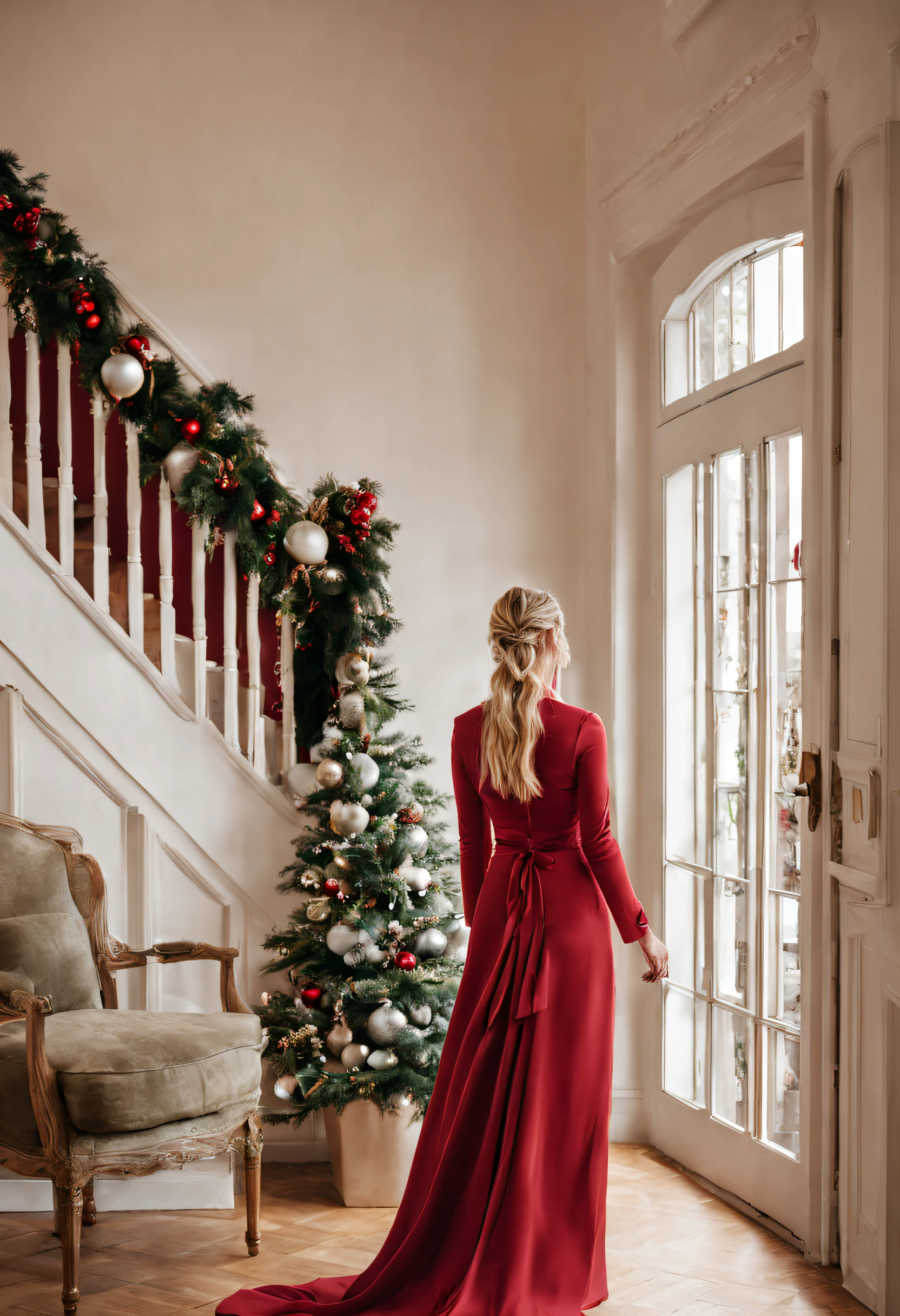 a pretty Blonde with braids walking into decorated home for a Christmas Party with a elegant red dress