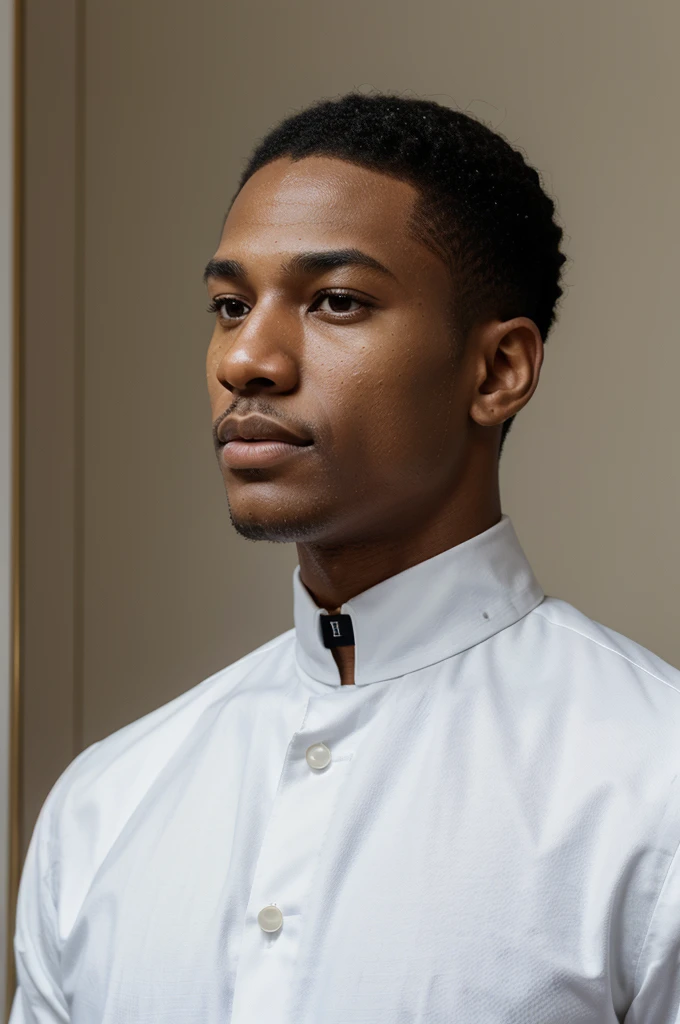 (Higher resolution, distinct_image) A man of the best quality, masterpiece, highly detailed, semi realistic, black man with short hair, with central hair, 18 years old, young, tall and strong, pure white clothes, white uniforms, military uniforms, military academy, undisciplined, unrestrained, handsome, authoritarian, powerful aura, Satan, angel, fine facial features, facial details,