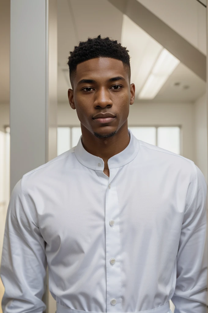 (Higher resolution, distinct_image) A man of the best quality, masterpiece, highly detailed, semi realistic, black man with short hair, with central hair, 18 years old, young, tall and strong, pure white clothes, white uniforms, military uniforms, military academy, undisciplined, unrestrained, handsome, authoritarian, powerful aura, Satan, angel, fine facial features, facial details,
