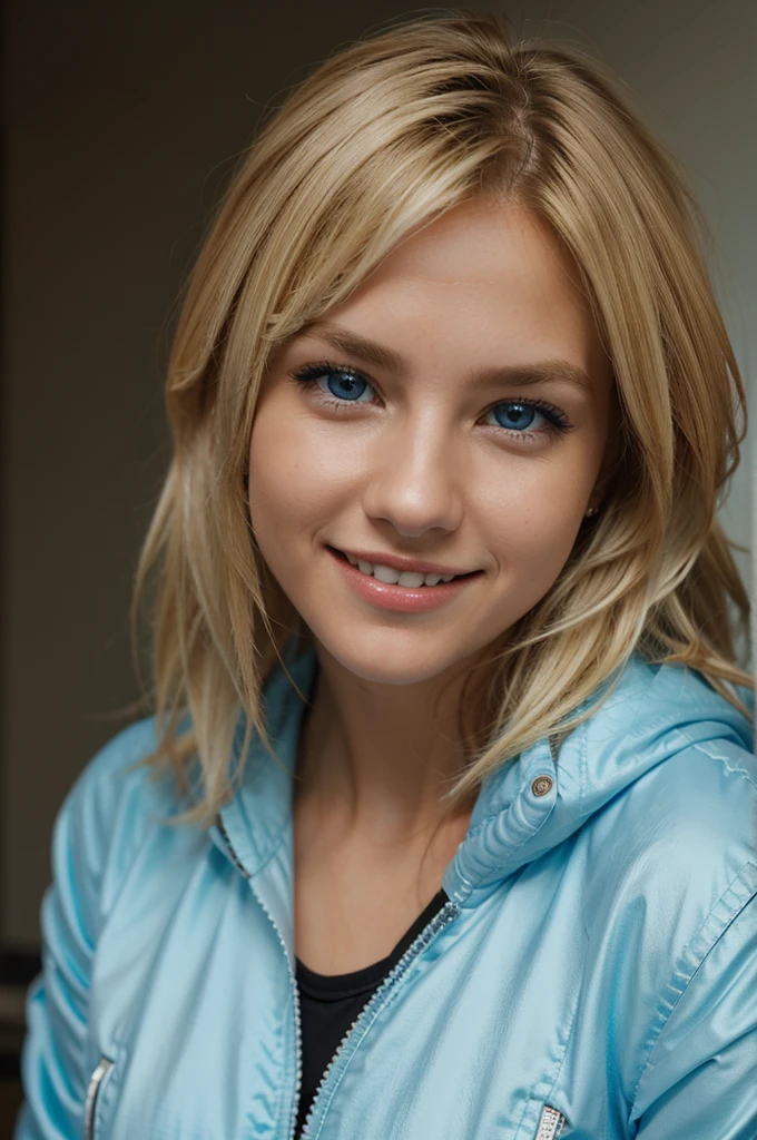 ChristiaAOT, 1girl, solo, christa renz, smile, hair between eyes, blue eyes, blonde hair, jacket, medium hair,