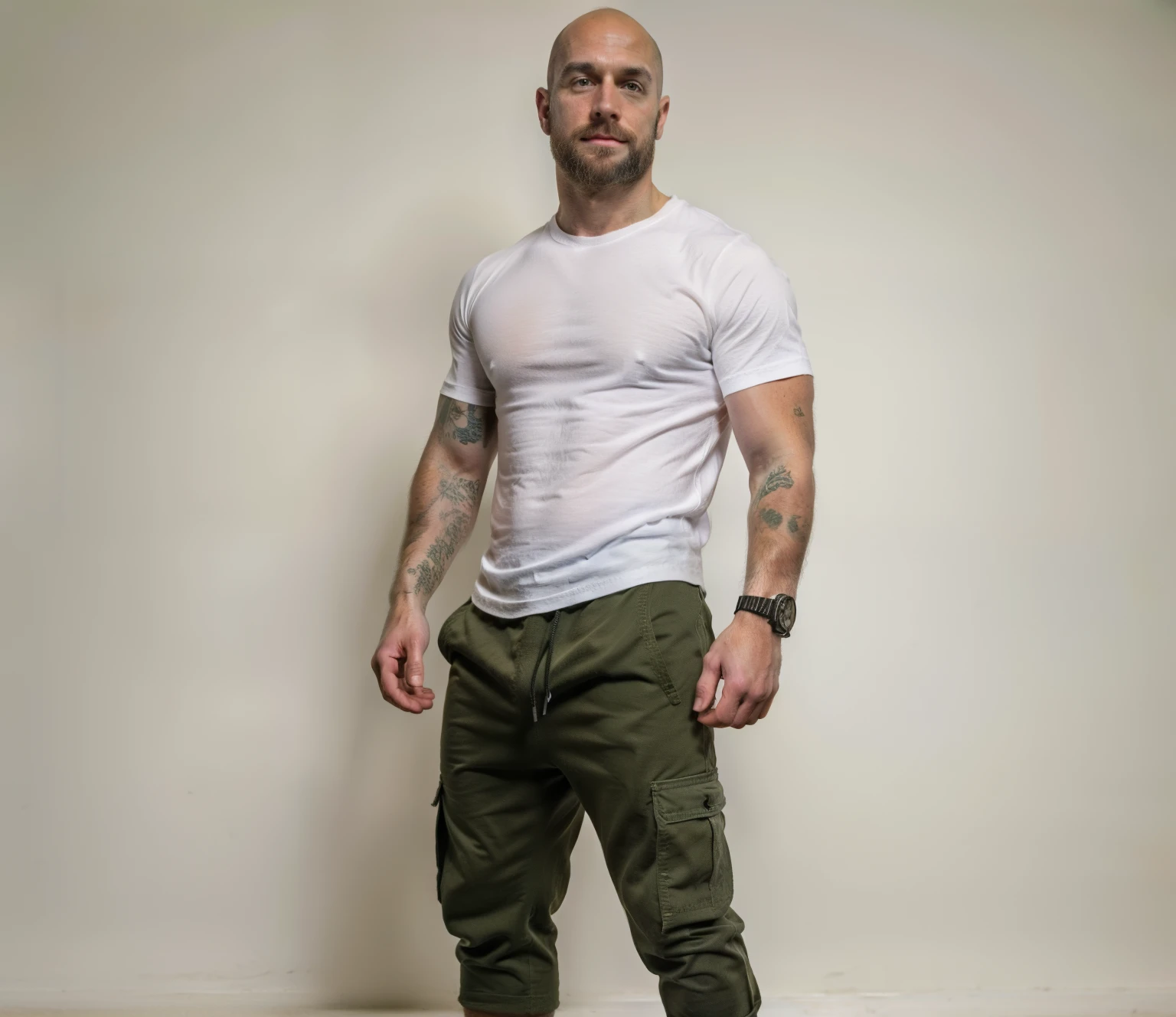 character sheet, dilf, short beard, bald, lean body, tattoos, skater shoes, early 40's, wrist watch, white socks, converse sneakers, loose cargo jeans, hunter green shirt, standing, handsome, gentle expression, slim tall build, white male