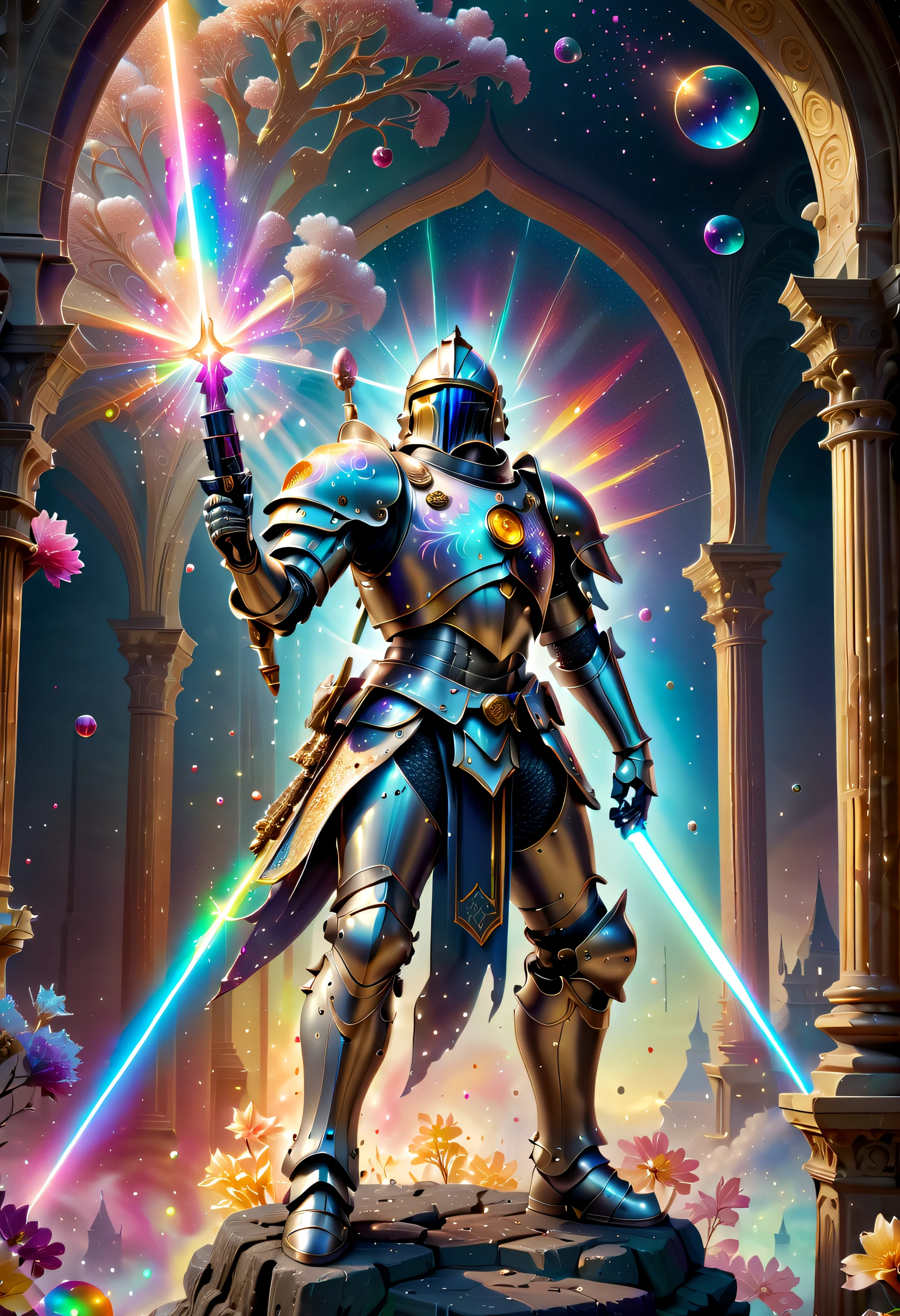 Stunning intricate super illustration, A fusion of medieval knights and sci-fi armor, Laser sword in hand, art of shadow and shine, photorealistic paintings, Baroque architecture with many sparkling rainbow gradient bubbles in the background, Hazy half moon and starry sky, Light and Darkness, Explosion of blue-white flame, dark fantasy glass flower, tree that bears snowflake fruit, Highest Quality,