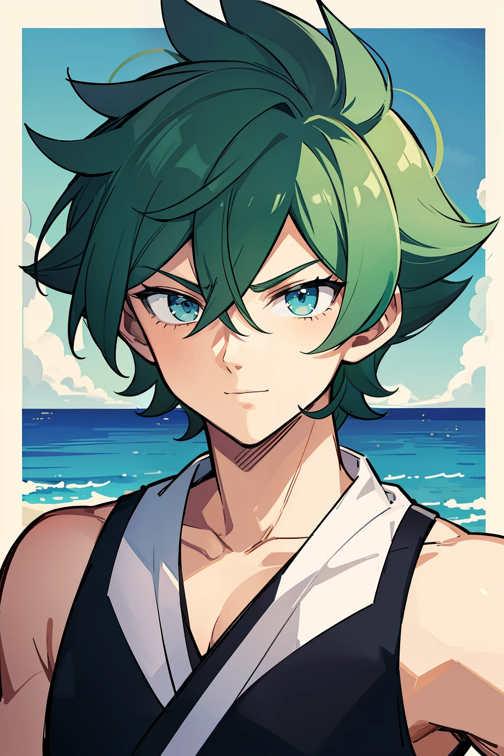 (high-quality, breathtaking),(expressive eyes, perfect face) 1boy, male, solo, young adult , medium blue hair, green coloured eyes, stylised hair, gentle smile, short length hair, loose hair, side bangs, curley hair, really spiky hair, spiked up hair, looking at viewer, portrait, ancient greek clothes, blue black and white tunic, white Chlamys, sleeveless, greek, blue and gold sash, ocean background, laurel accessory, slightly narrow eyes, masculine face, masculine eyes