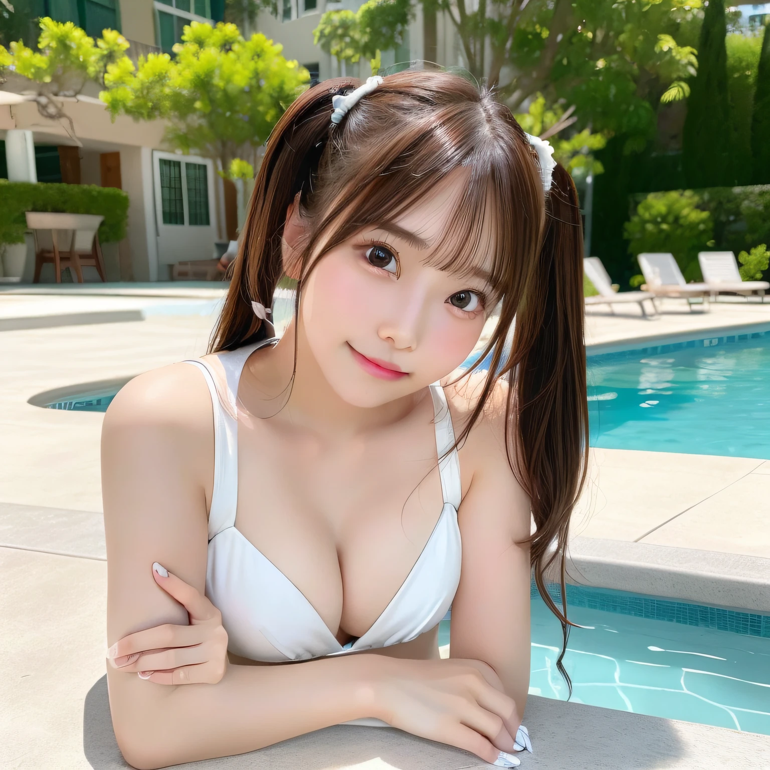 (Best Quality),(4K),(in 8K),(hight resolution),(Top image quality),cute little,1 girl in,独奏,Pure white bikini,gravure,sexy pose,swimming pools,Twintails with brown hair,parasol,Lying down