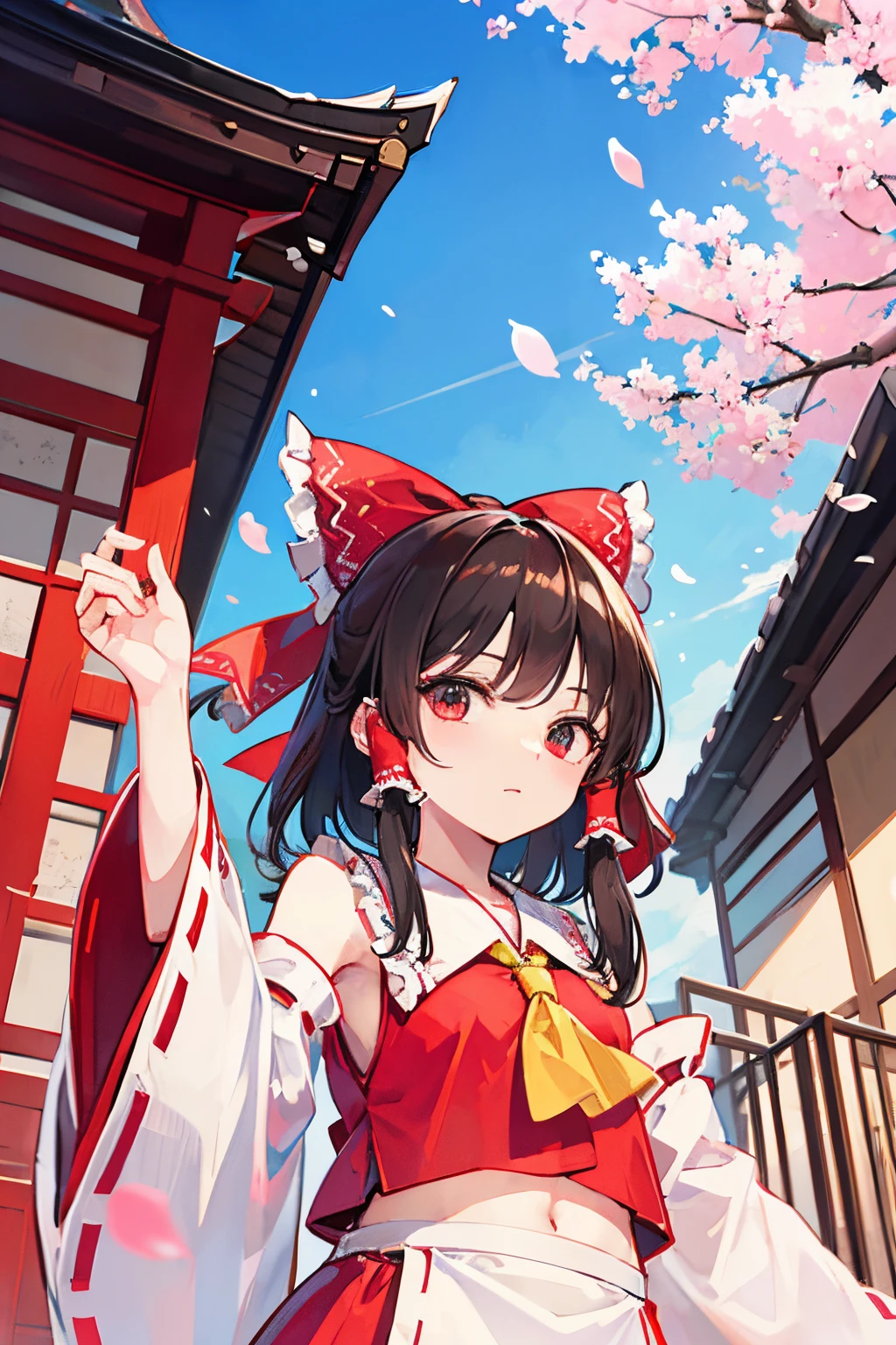 hakurei reimu, touhou project, tree, stairs, standing, sky, cherry blossoms, temple, looking at viewer, upper body, from below,