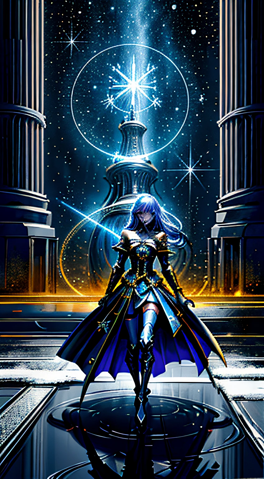 Stunning intricate super illustration, A fusion of medieval knights and sci-fi armor, Laser sword in hand, art of shadow and shine, photorealistic paintings, Baroque architecture with many sparkling rainbow gradient bubbles in the background, Hazy half moon and starry sky, Light and Darkness, Explosion of blue-white flame, dark fantasy glass flower, tree that bears snowflake fruit, Highest Quality,
