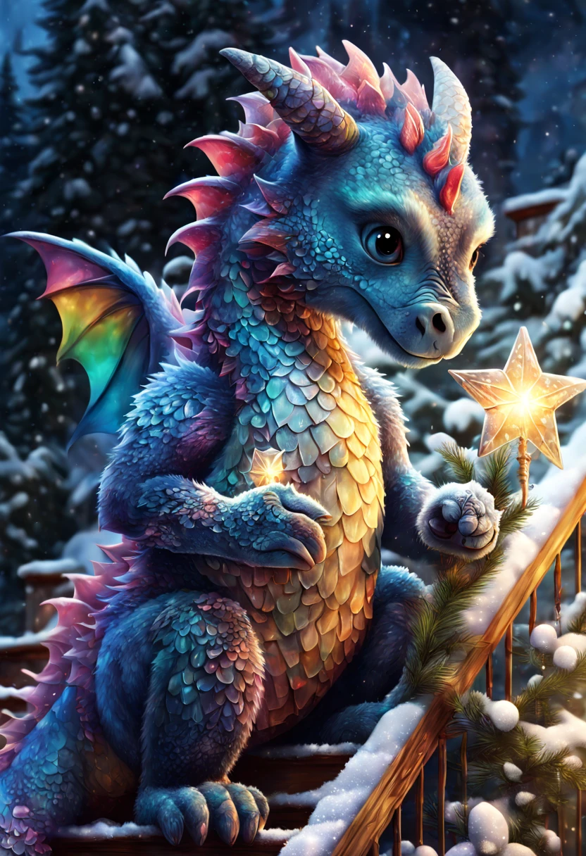 A live plush teddy dragon stands on the stairs and tries to hang a star on the Christmas tree ,Christmas tree decorated with hearts ,Beautiful, Cute, intraplication, rainbow super detail, realisti, beautiful illustration, Winter Dragon Princess, beautiful digital artwork, beautiful digital illustration, beautiful gorgeous digital art, , exquisite digital illustration, beautiful digital art, gorgeous digital art, Very beautiful digital art, stunning digital illustration, Nikita Veprikov