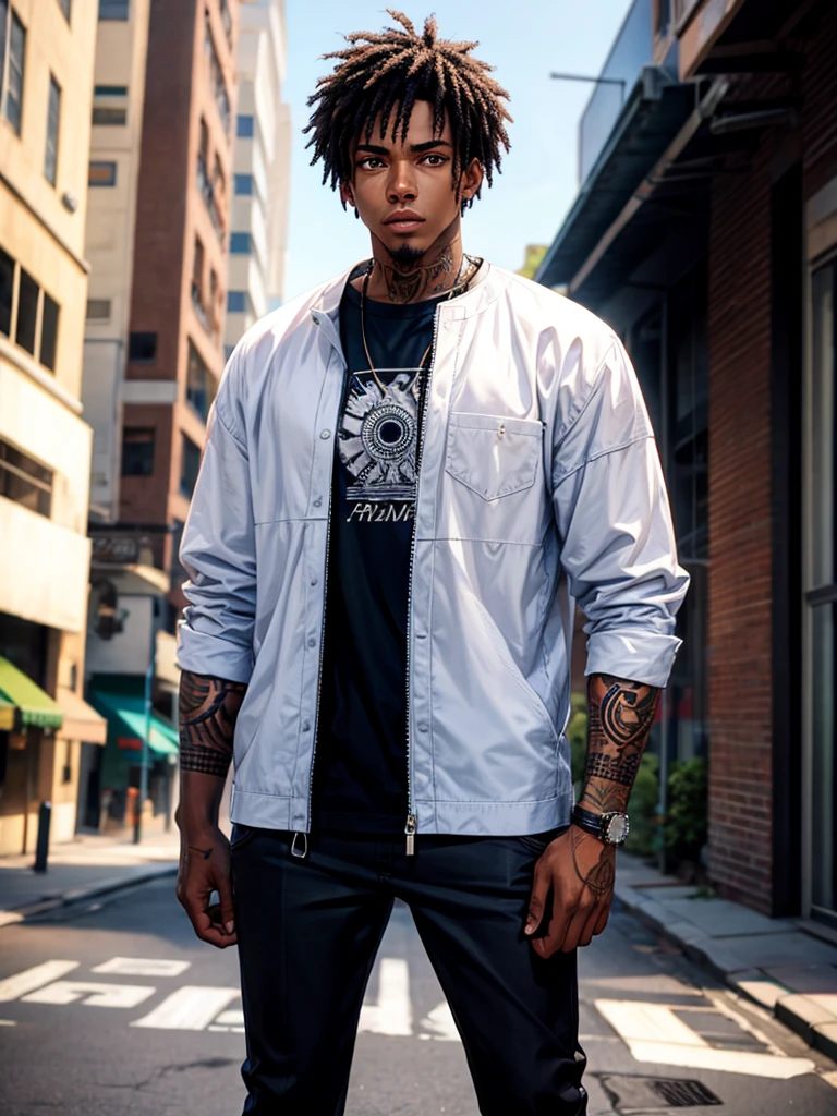 best quality, detailed, African american, male, standing alone, emo hair, street clothes, tattoos
