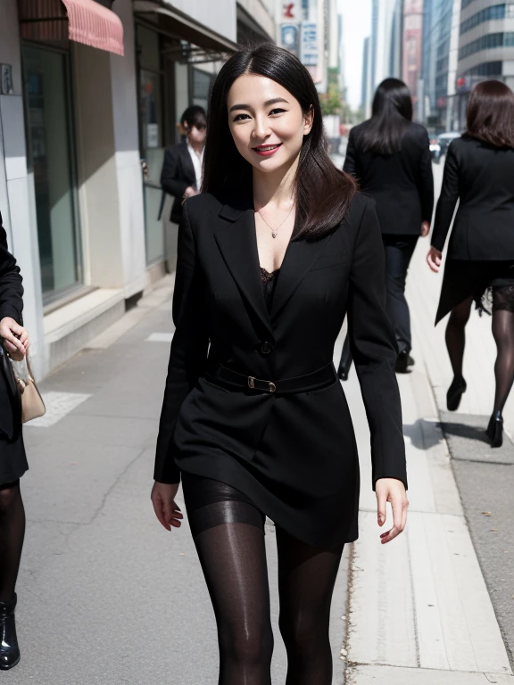 (((Business suits,A woman walking down the street wearing black pantyhose)))、A MILF, A little ugly face,Beautie, Seductive smile、naughty expression、Heavy breathing,Full body shot, masutepiece, Best Quality, (Photorealistic:1.4), a photography of a beautiful woman, pale perspective, Smiling, red lipsticks、White powder on the face, Perfect face, Detailed face,(Garter belt stockings:1.0).(standing nipple:0.8)、(Longhaire),Outdoor photography_On the streets of the city、Daytime